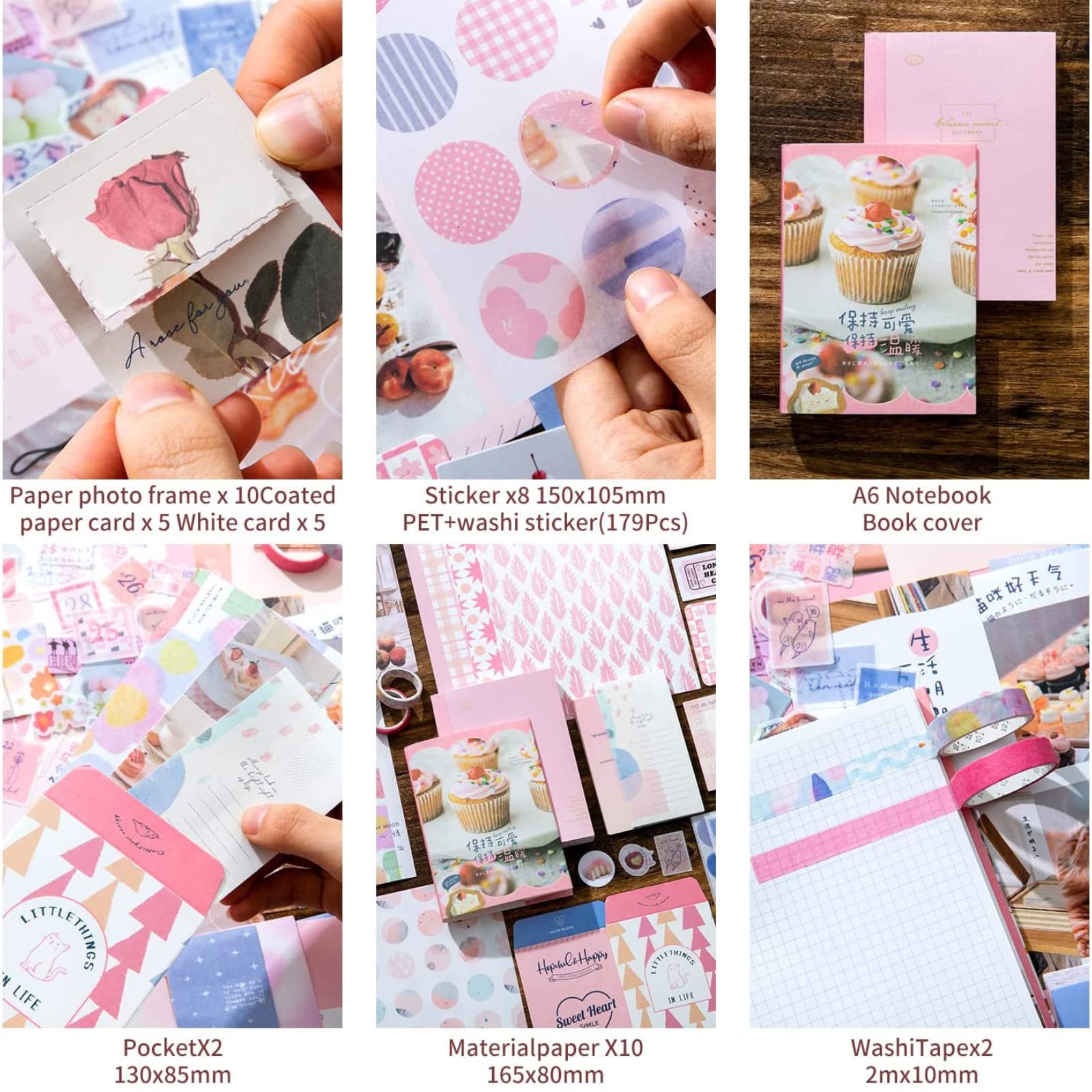 The AutoStory Floral Scrapbooking Bundle A6 Junk Journal Aesthetic Decals Art Craft Pages Washi Tape DIY Stationery Set Planner Decor Keepsake Present for Teens Girls (My Sweetheart, Pink) 1