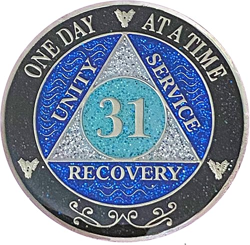 Miniatura 9 de (años 1-50) Medallón de purpurina plateado de recuperación AA de 47 años, arcoíris negro, azul, moneda de purpurina plateada, cubierta de epoxi (AA