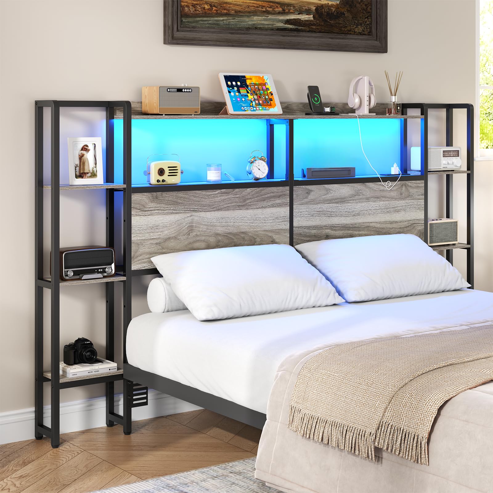 Loomie Headboard for Queen Size Bed with Storage, Headboards with Charging Station