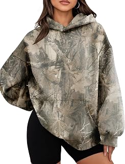 Women's Oversized Camo Hoodie with Maple Leaf Print, Y2K Fleece Sweatshirt