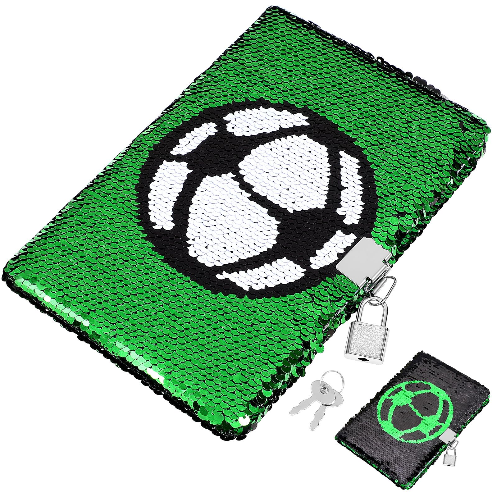 Yardwe Boys Secret Diary with Lock, Reversible Sequin Football Notebook for Kids, Lockable Journal with Keys, Green Stationery