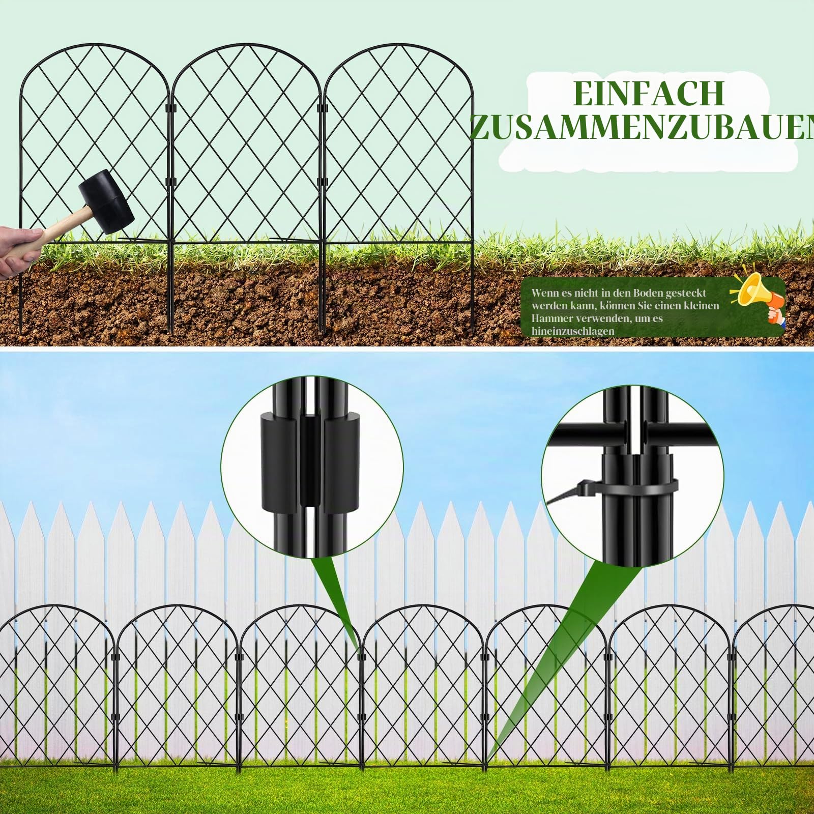Gartenzaun Metall 20 Stück, 650 cm max. Länge, dekorativer Beetzaun mit Rostschutz, 40 x 32,5 cm Steckzaun mit 40 Clips 20 Kabelbindern 40 Erdspießen, flexibel formbar für Garten und Rasen (20)