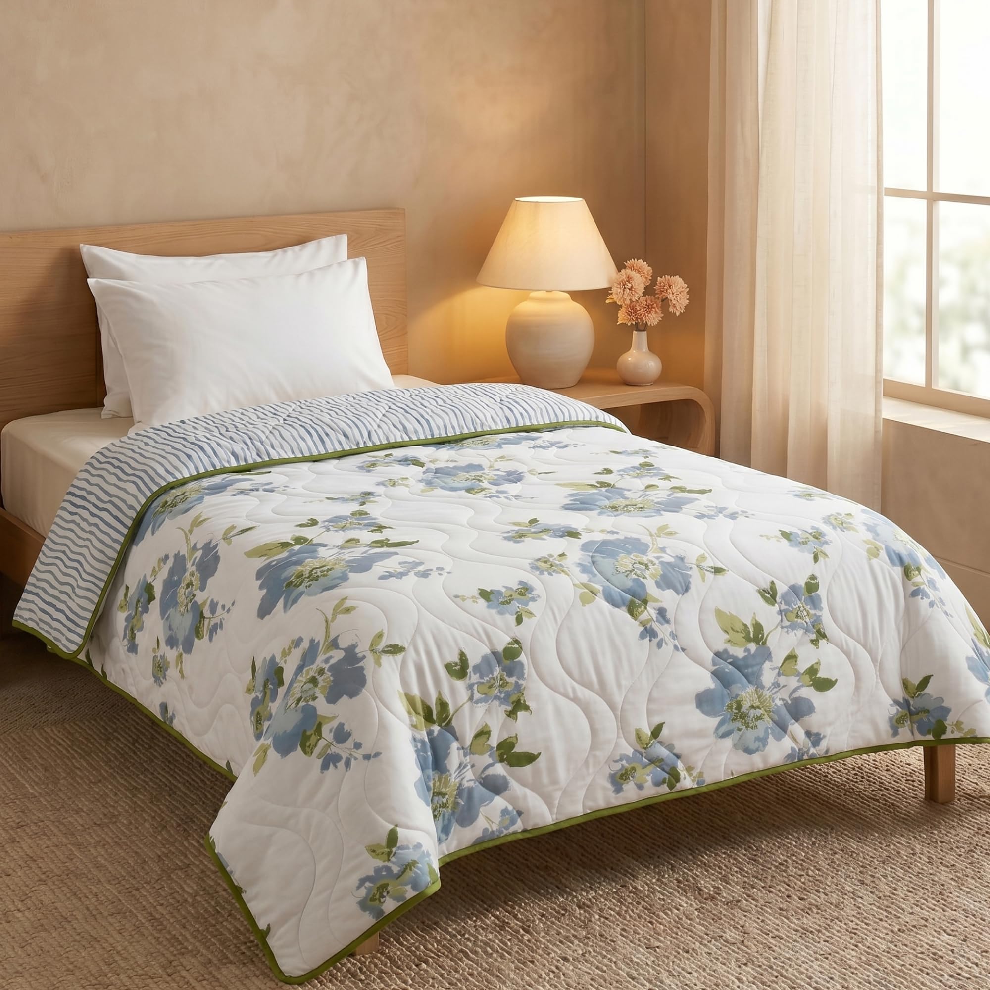 HUESLAND Reversible AC Quilt Blanket Single Bed | 100% Cotton Quilted Shell, Super Soft 120 GSM Microfibre Wadding | Lightweight Comforter for All Weather Use | Floral Fusion - 55 x 88 inches-image-36