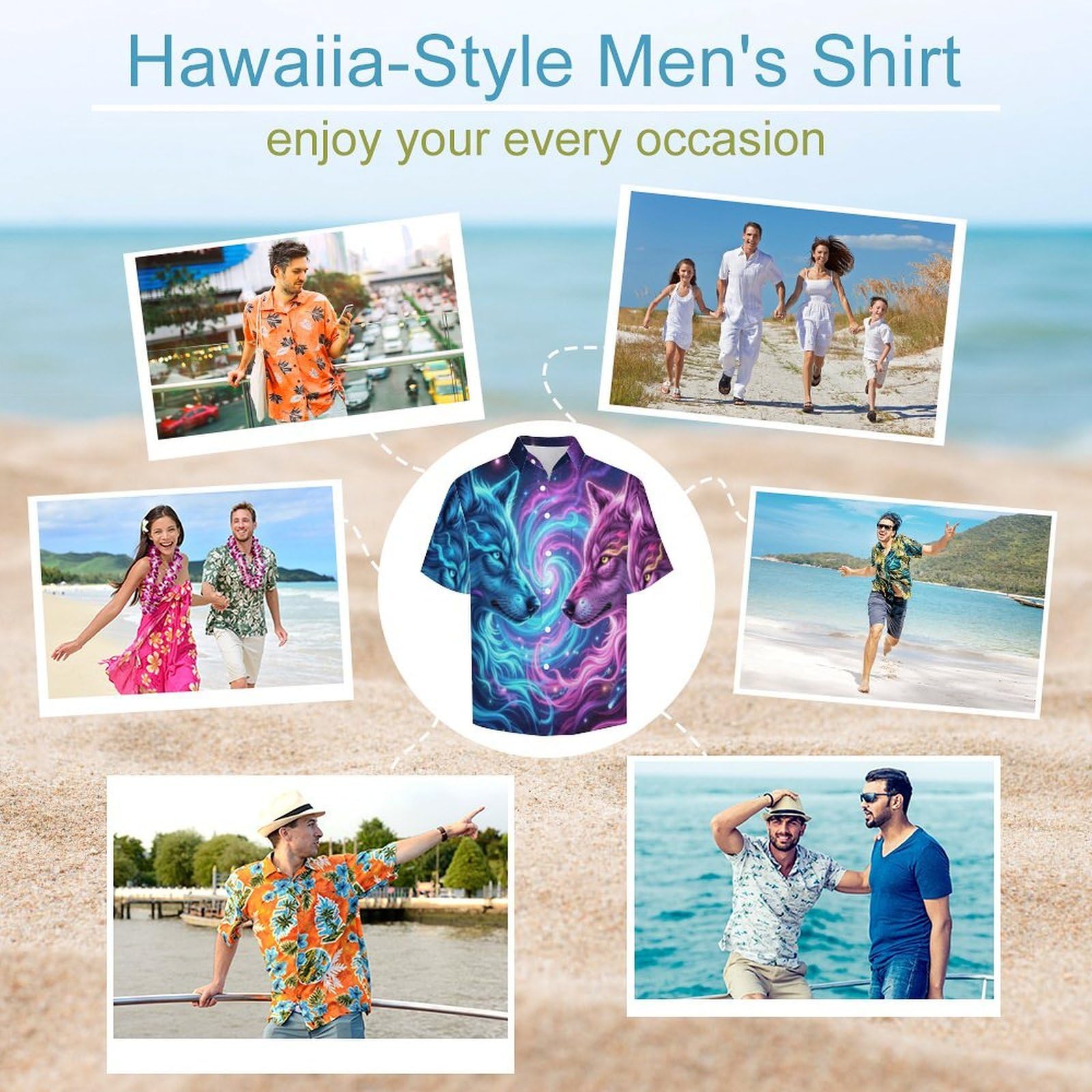 Camicie a Maniche Corte da Uomo - Camicie da Spiaggia con Stampa Lupo della Via Lattea Animali Fantastici, Funky Estiva Cool Camicia Hawaiana Monopetto Camicia S-5XL