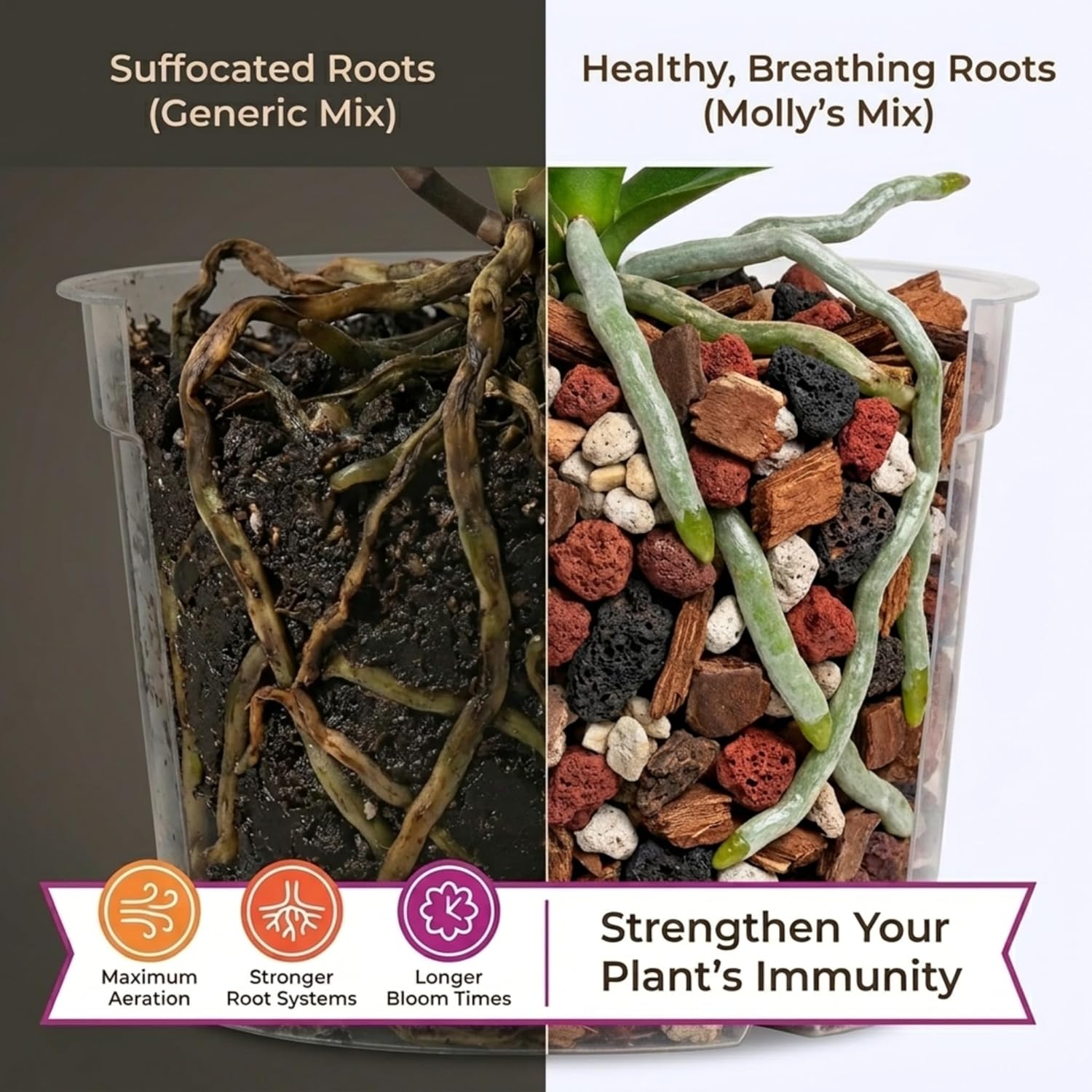 Molly's Orchid Potting Mix - Premium Gritty Soilless Orchid Mix - Chunky High Drainage vs Standard Potting Soil for Indoor Plants - Contains Bark, Coco Chips, Akadama, Pumice, Lava Rock 3 Dry Quarts