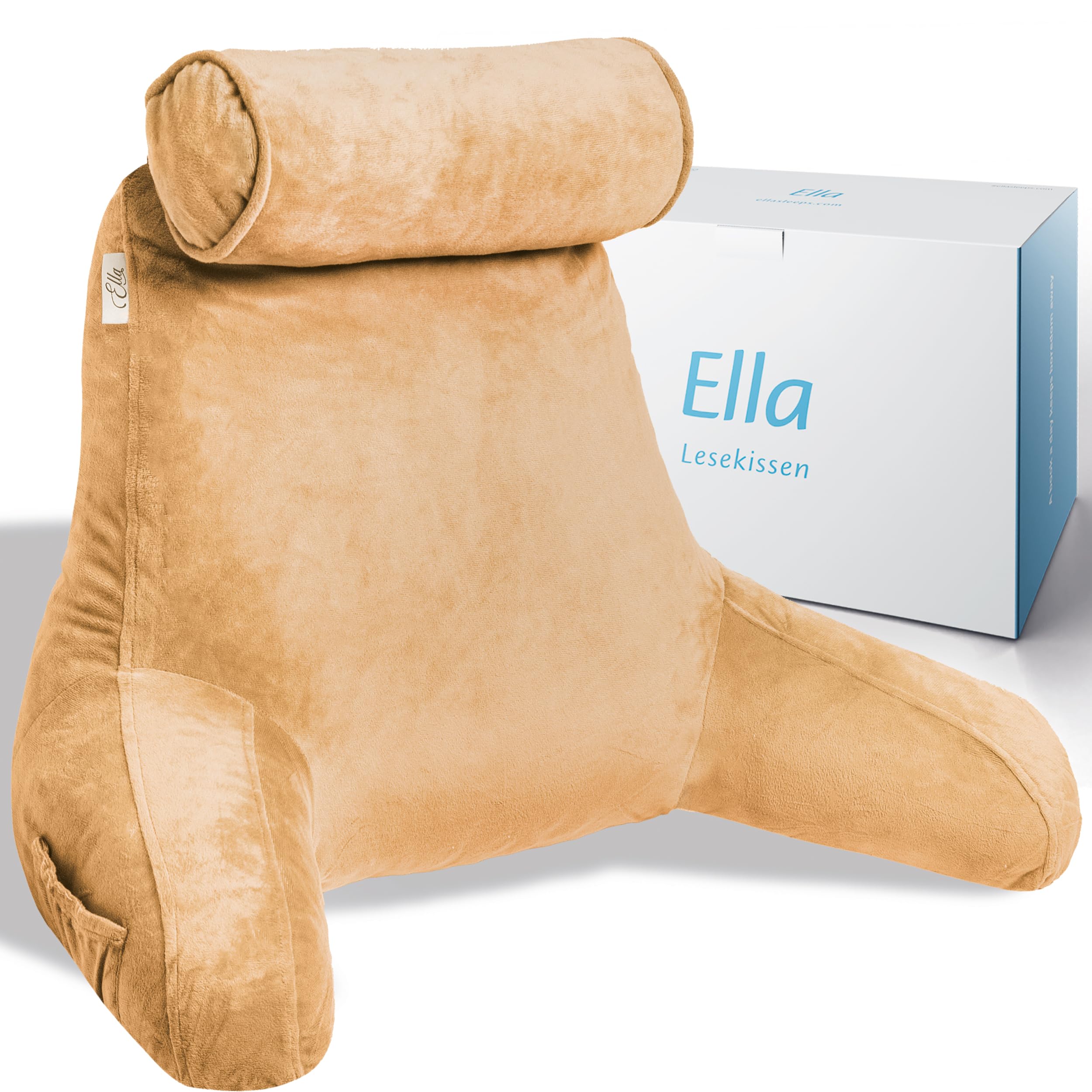 Ella Lesekissen für Bett und Sofa mit Abnehmbarer Nackenrolle - Rückenkissen Bett - Reading Pillow aus Memory Foam mit Armlehne, Ideal zum Lesen, Fernsehen, Faulenzen oder als Rückenstütze - Braun