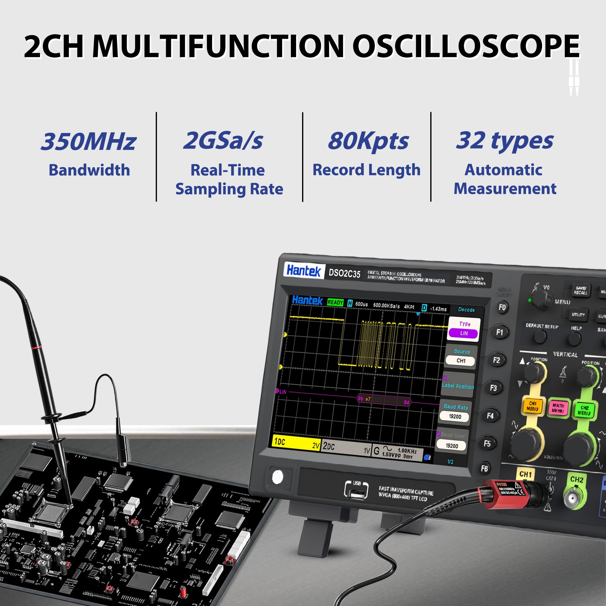 Hantek Oscilloscopio digitale DSO2C35, larghezza di banda 350 MHz con doppio canale, frequenza di campionamento 2GSa/s, supporto 32 misurazioni automatiche (350 MHz/2CH/Hantek DSO2C35)