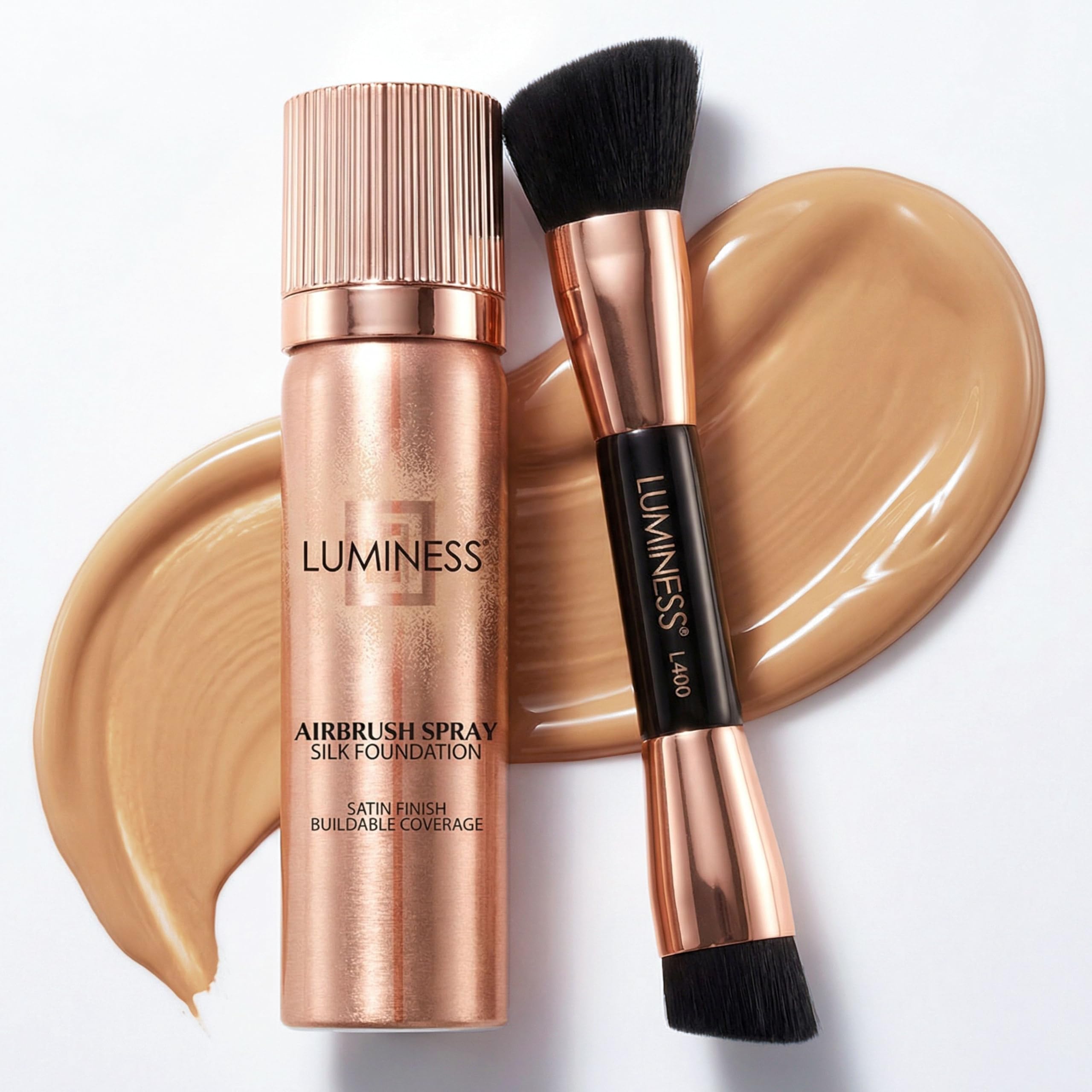 LUMINESS Silk Airbrush Spray Foundation & Buffing Brush Kit – Full Coverage Foundation & Dual-Sided Buffing Brush - Buildable Coverage, Anti-Aging Formula Hydrates & Moisturizes (Shade - Medium Warm)