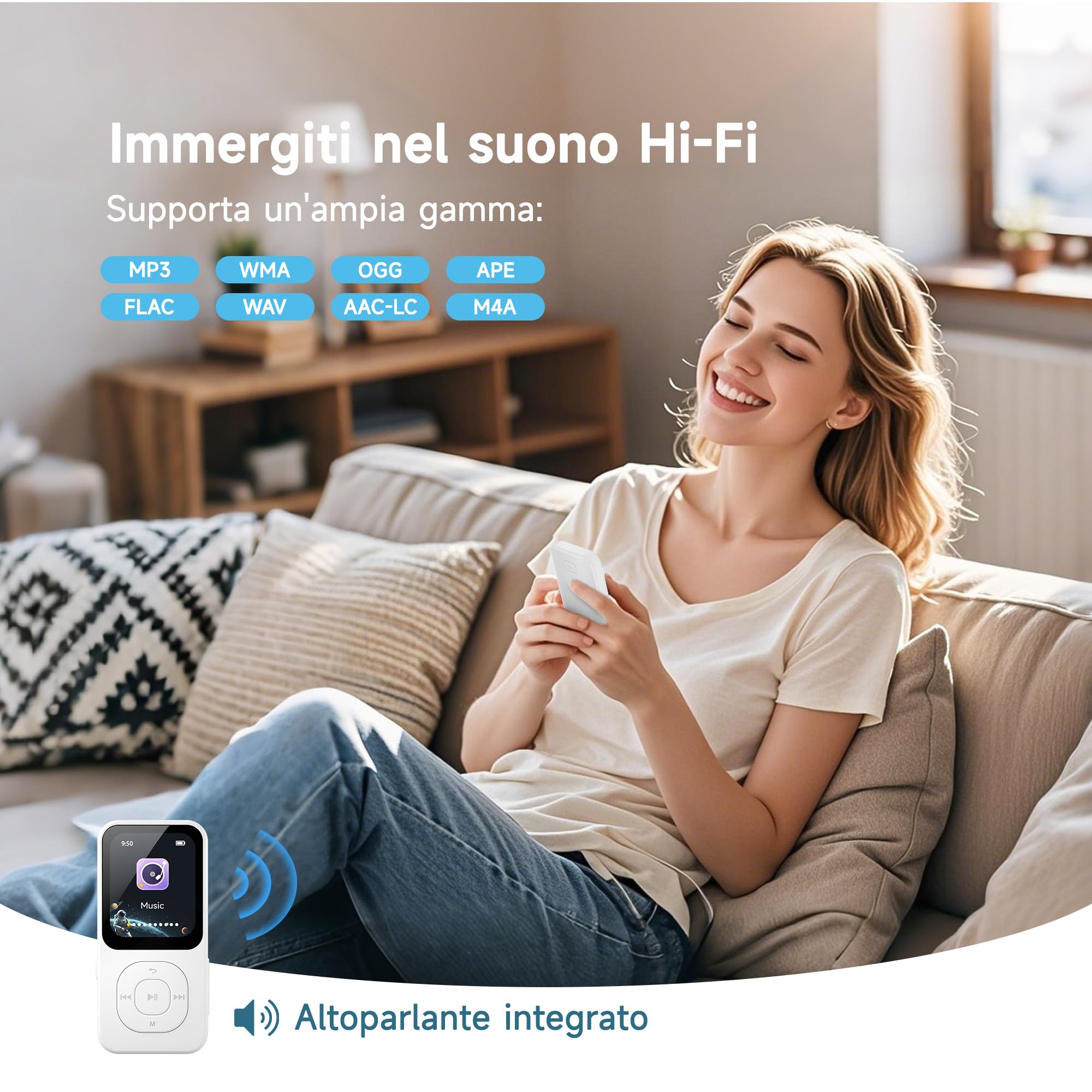 Lettore MP3 da 64GB con Bluetooth 5.3, Lettore musicale PECSU schermo HD con altoparlante, Radio FM, Registratore vocale, Suono HiFi, E-book, Cuffie incluse (Bianco)