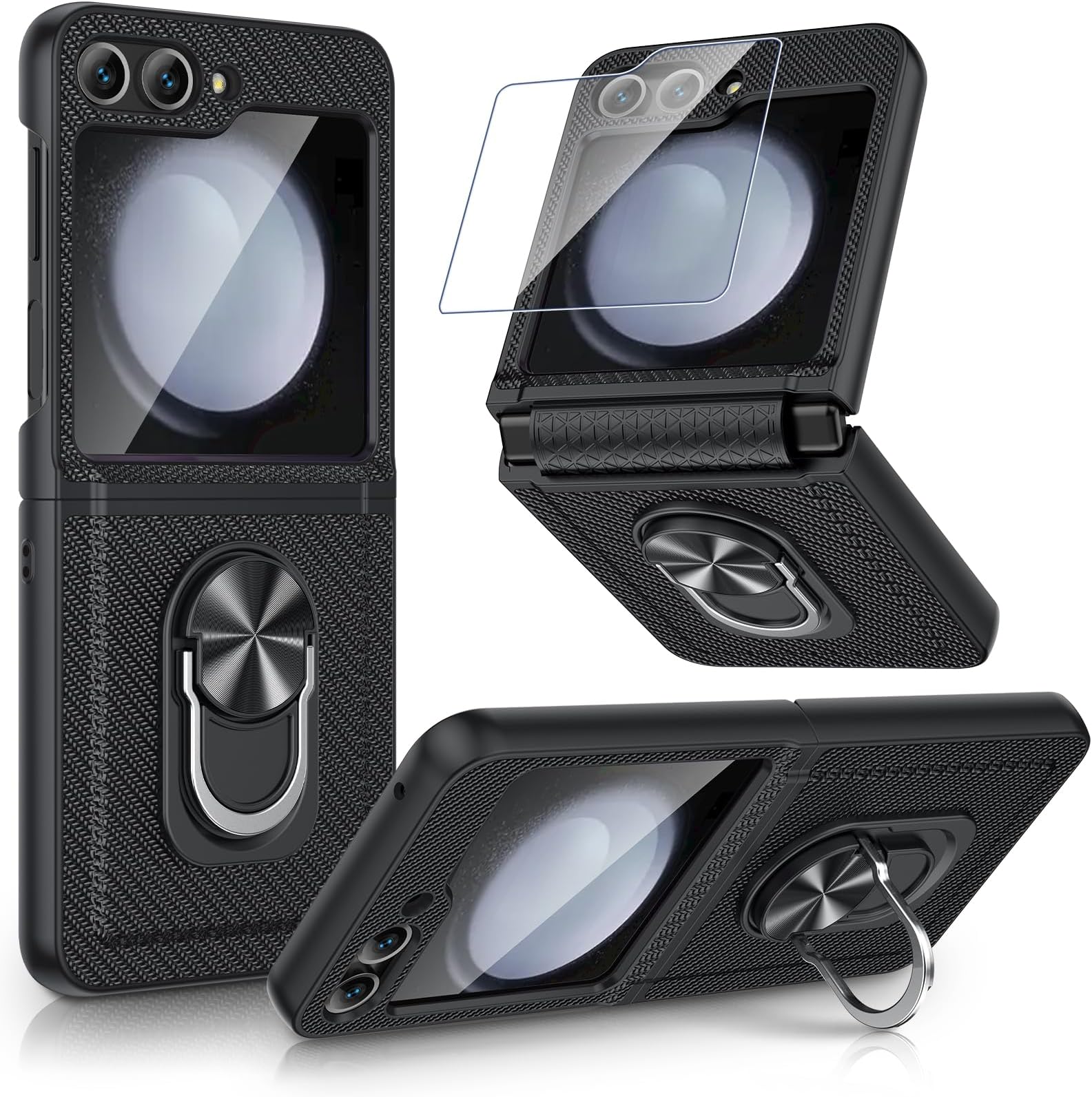 Maxdarafor Z Flip 5 Case with Ring Stand Hinge Protection Full Body Built-in Screen Protector Protective Cover(Carbon Fiber Black)