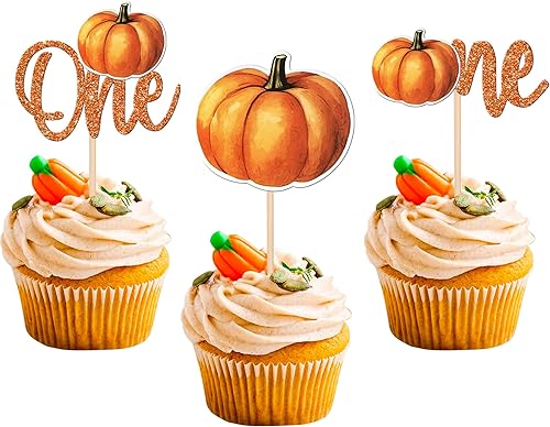 Paquete de 30 decoraciones de calabaza para cupcakes con temática de otoño, para el primer cumpleaños, decoración de pasteles de Halloween para