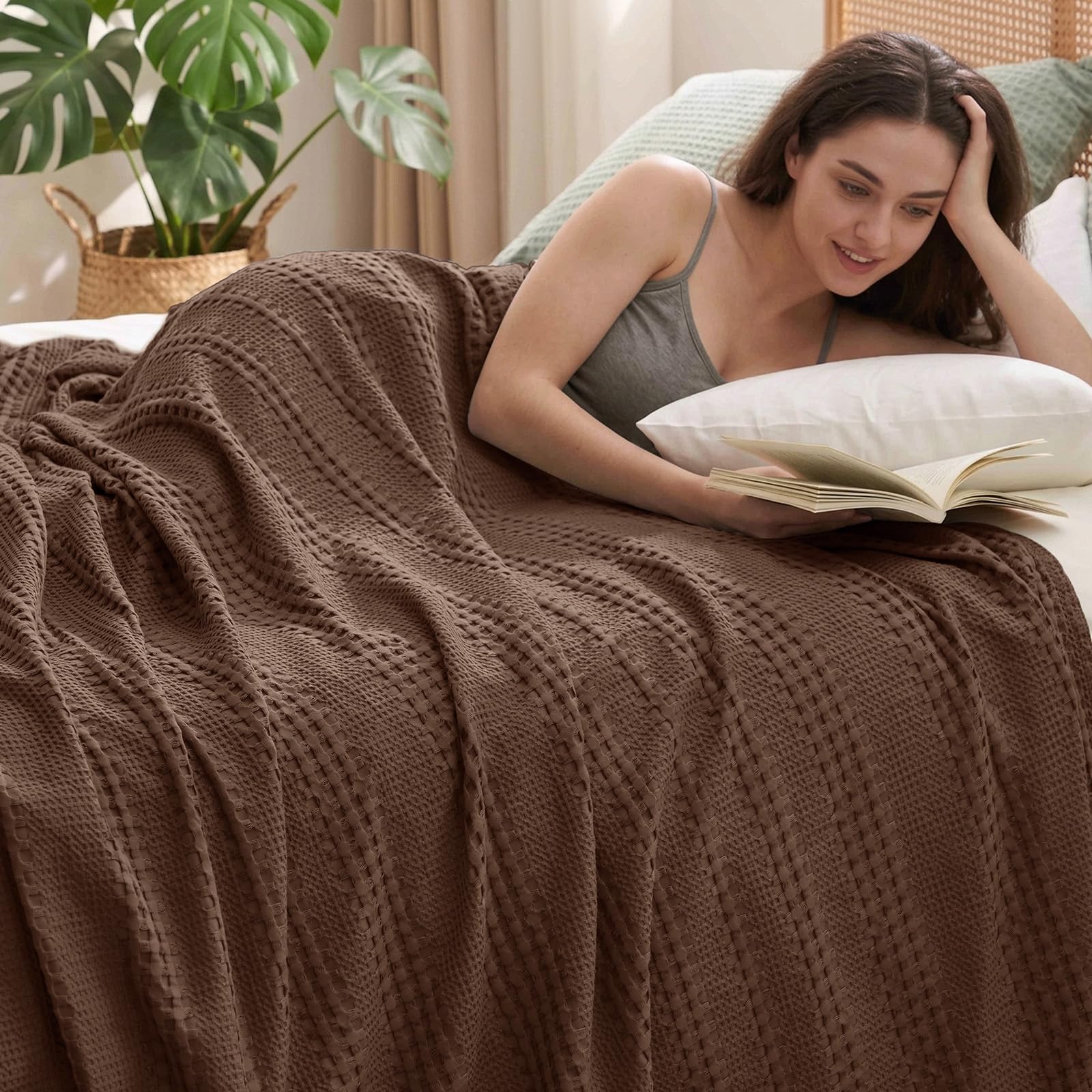 phf cooling waffle blanket king size, lightweight 60% rayon derived from bamboo & 40% cotton breathable blanket for hot sleepers, soft and luxury for bed couch and sofa, 104"x90", chocolate
