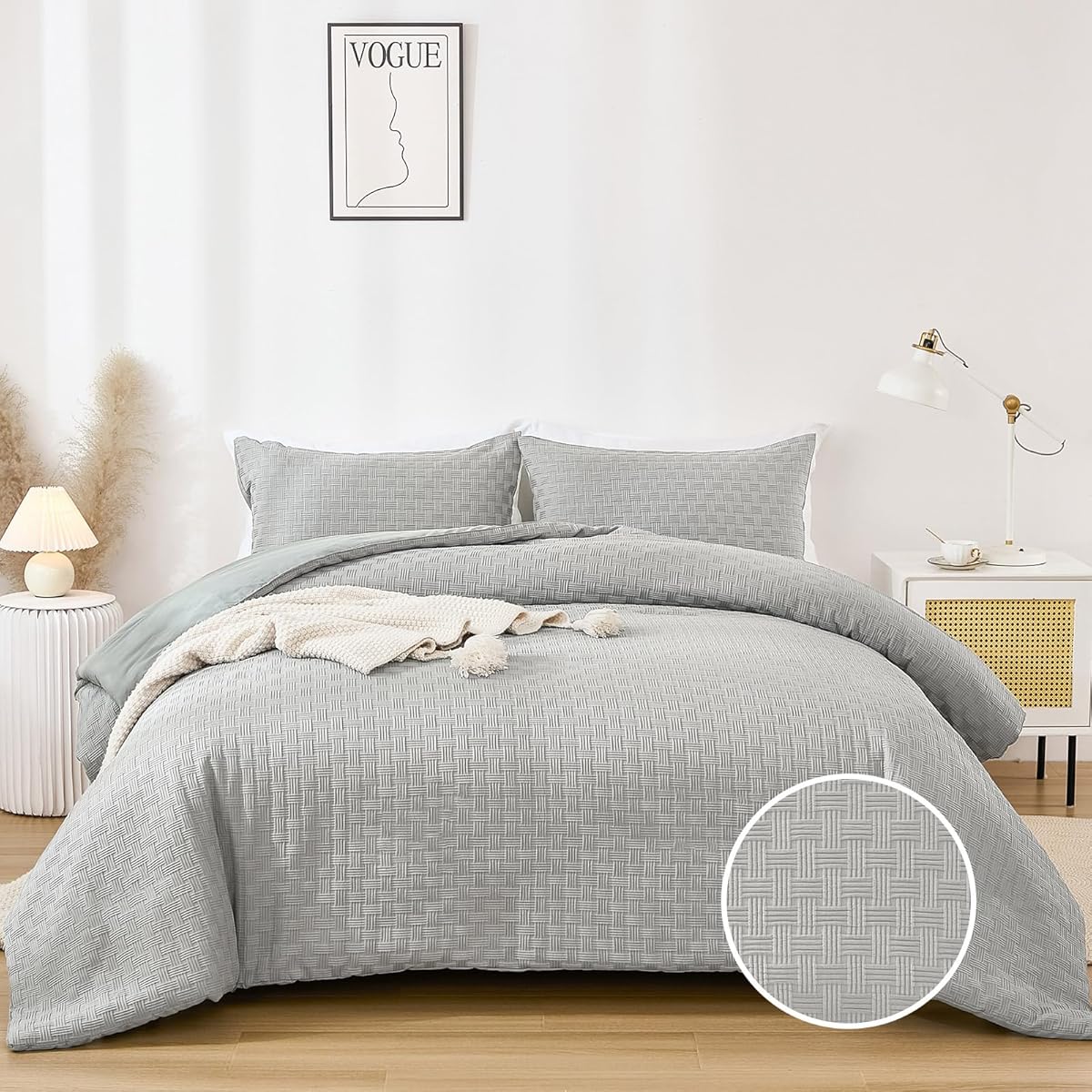 Guchuang Bedding Grey Waffle Weave Bedding Set King Size Textured Duvet Cover Luxury Soft Microfiber Quilt Cover 220x230cm with Zipper Closure 2 Pillowcases