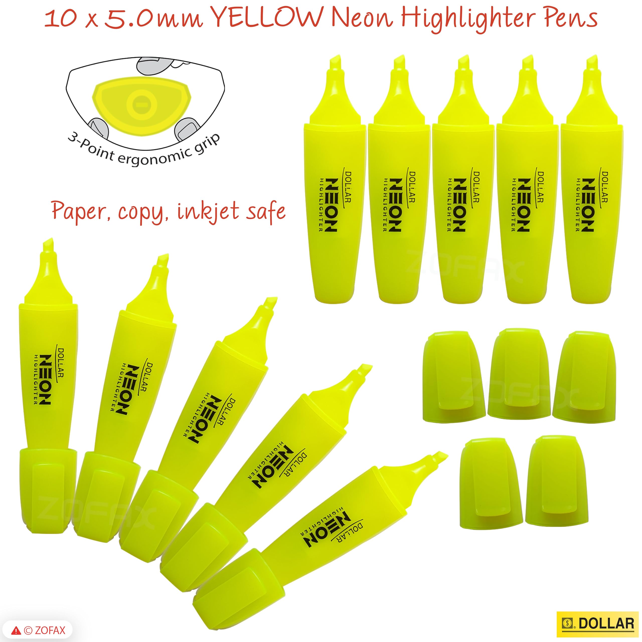DOLLAR HL625 Neon Fluorescent Highlighter Pens, YELLOW, Pack of 10, Chisel Tip (5.0mm), 3-Point Grip, Multipack, Fast-drying - Image 3