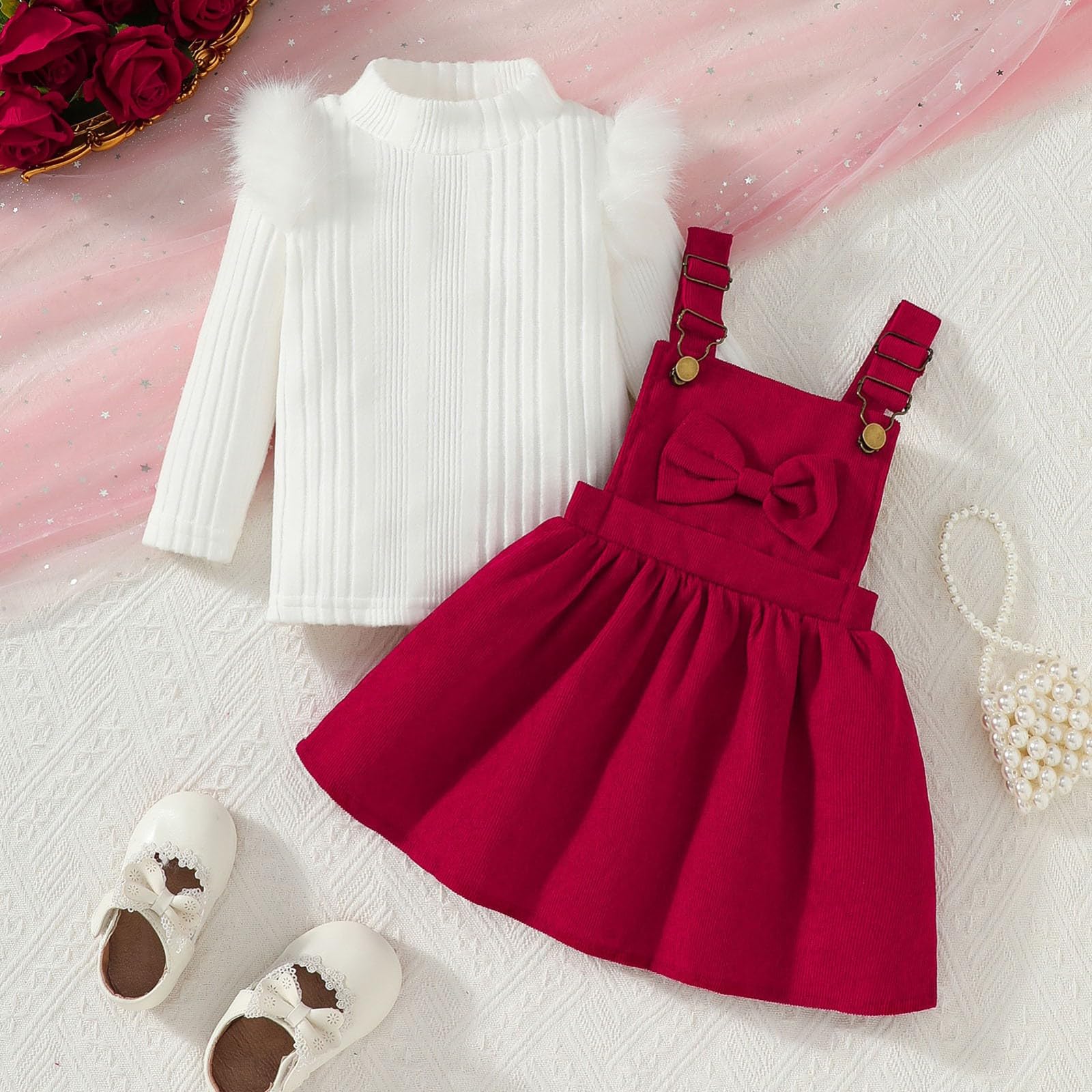 Generisch Winterliches Mädchen-Outfit mit langärmeligem Trägertop Schleifenkleid für Kleinkinder Festliche Zweiteiler-Sets für Feiertage Partys