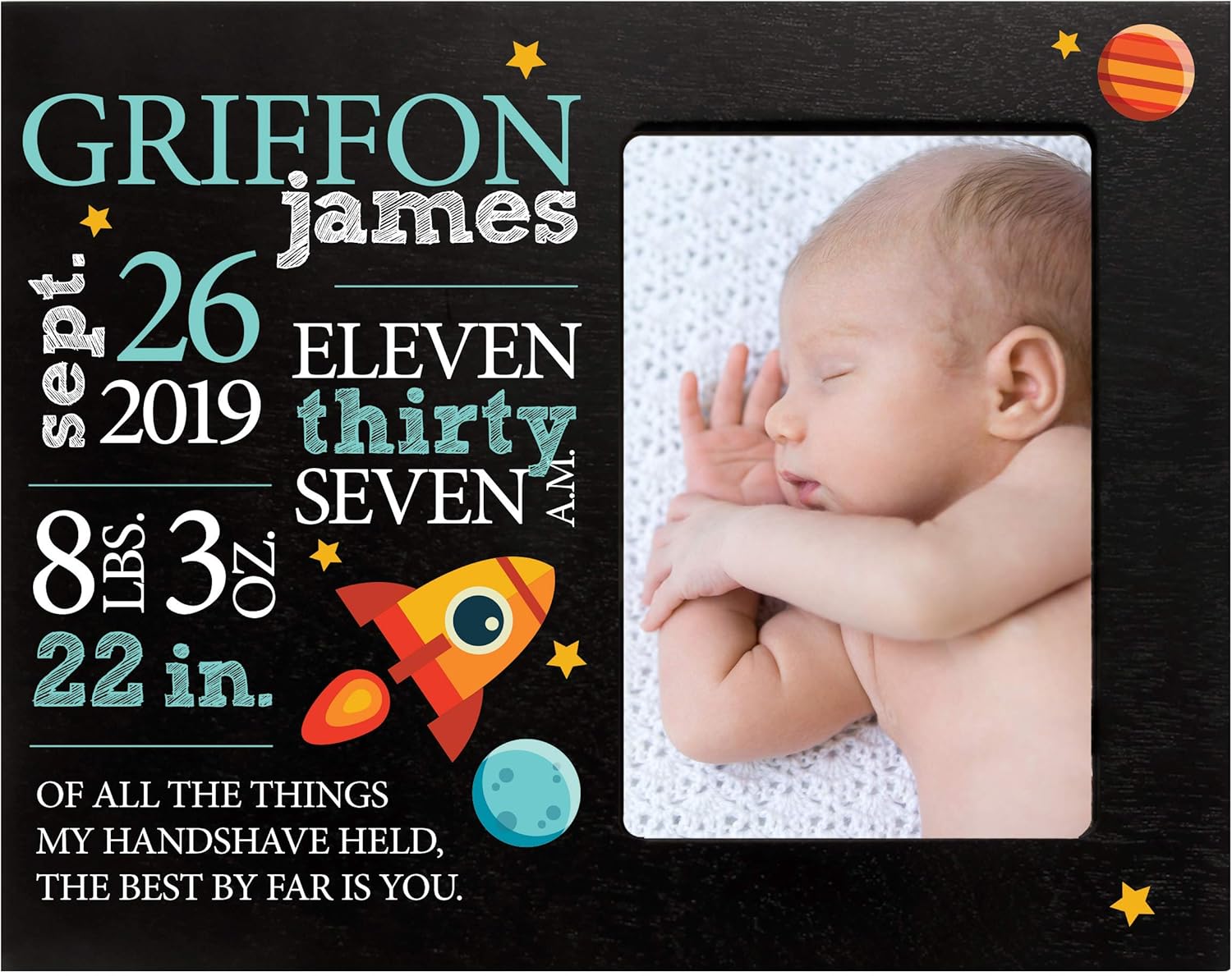 LifeSong Milestones Personalized Baby Birth Arrival Announcement - Newborn Stats Space Nursery Picture Frame Decor for Boys and Girls 8” x 10” Frame Holds 4” x 6” Photo (Black)
