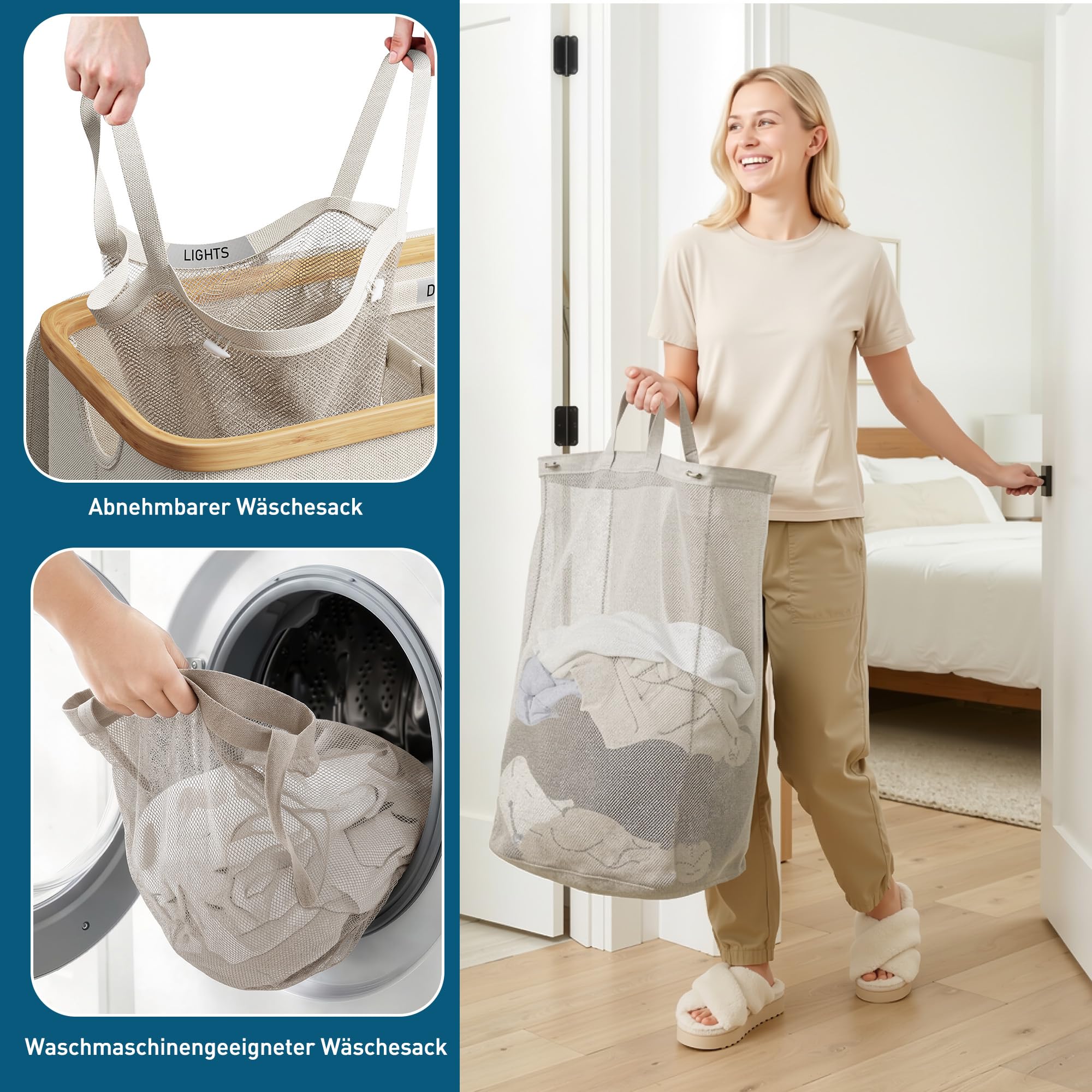 Wäschekorb 3 Fächer 160L, Wäschesammler mit Deckel, Bambusrahmen und 600D wasserdichtem Oxford Stoff, mit 3 herausnehmbaren Innentaschen für Schlafzimmer und Badezimmer, Beige
