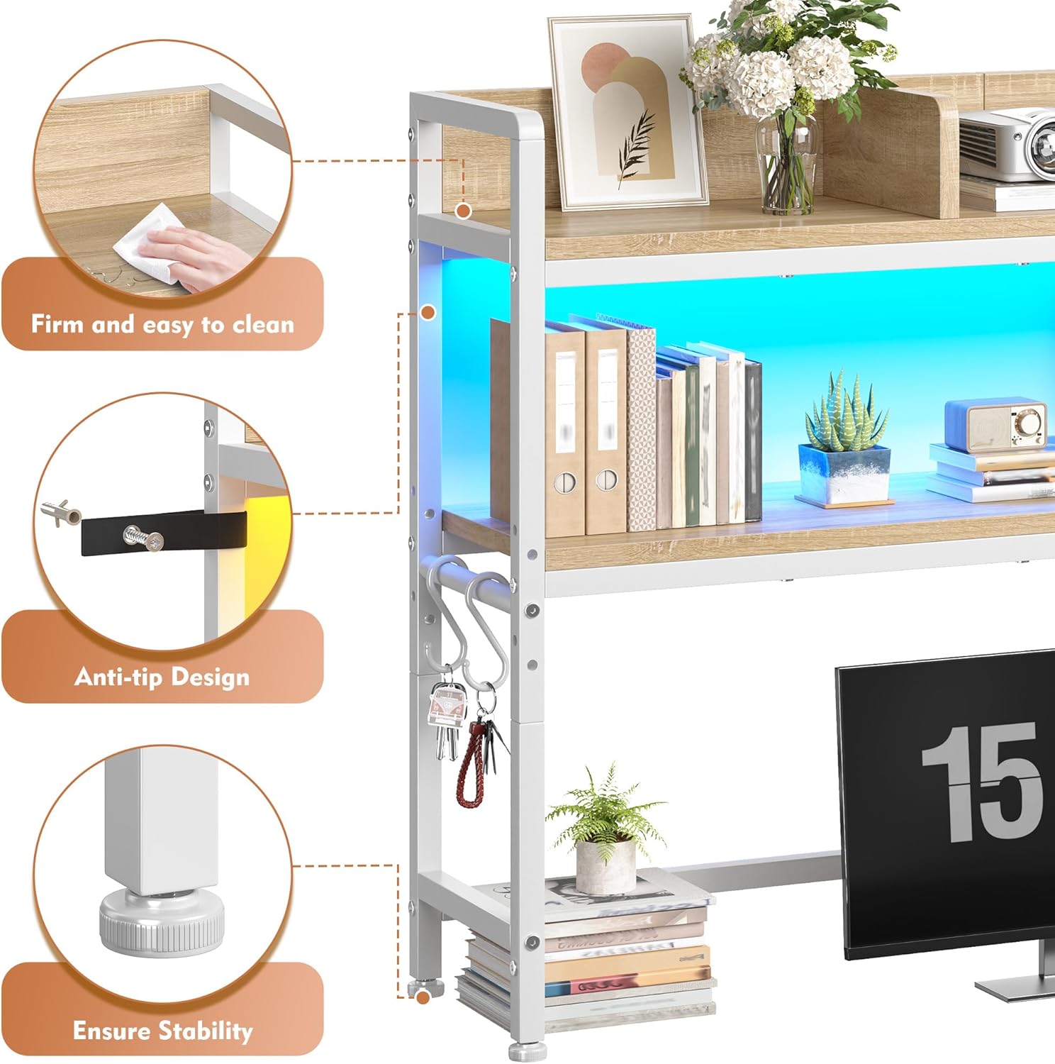 REIBII 45.2" Desk Shelf with LED Lights and Hooks,2-Tier Adjustable Multipurpose Solid Wood Desk Hutch Dorm,Desktop Organizer Rack with 3 Display Rack for Dorm,Office Home,White