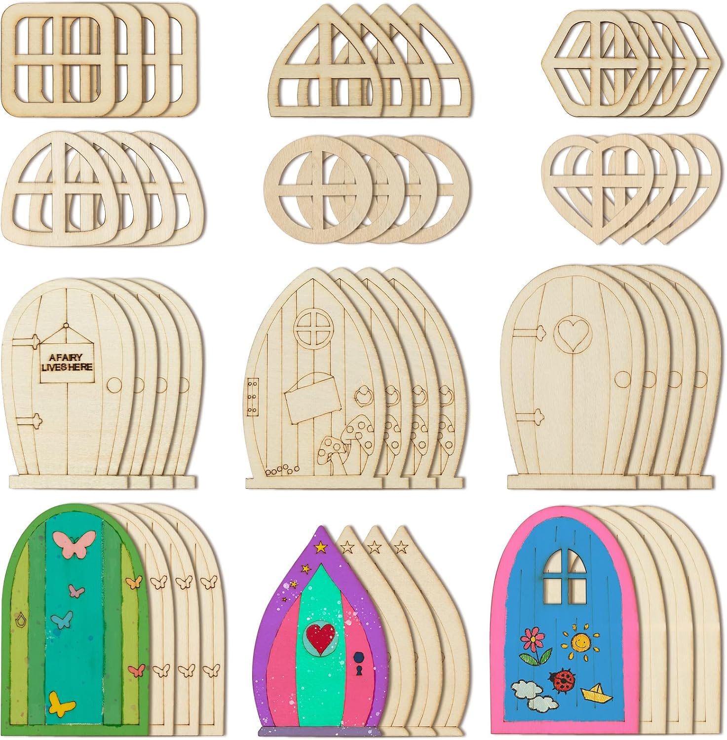 AUEAR, 24 Pack Fairy Door Miniature Wooden Garden Doors Windows Unfinished Window Accessories Mini House DIY Craft for Wall Home Party Decoration (6 Styles)