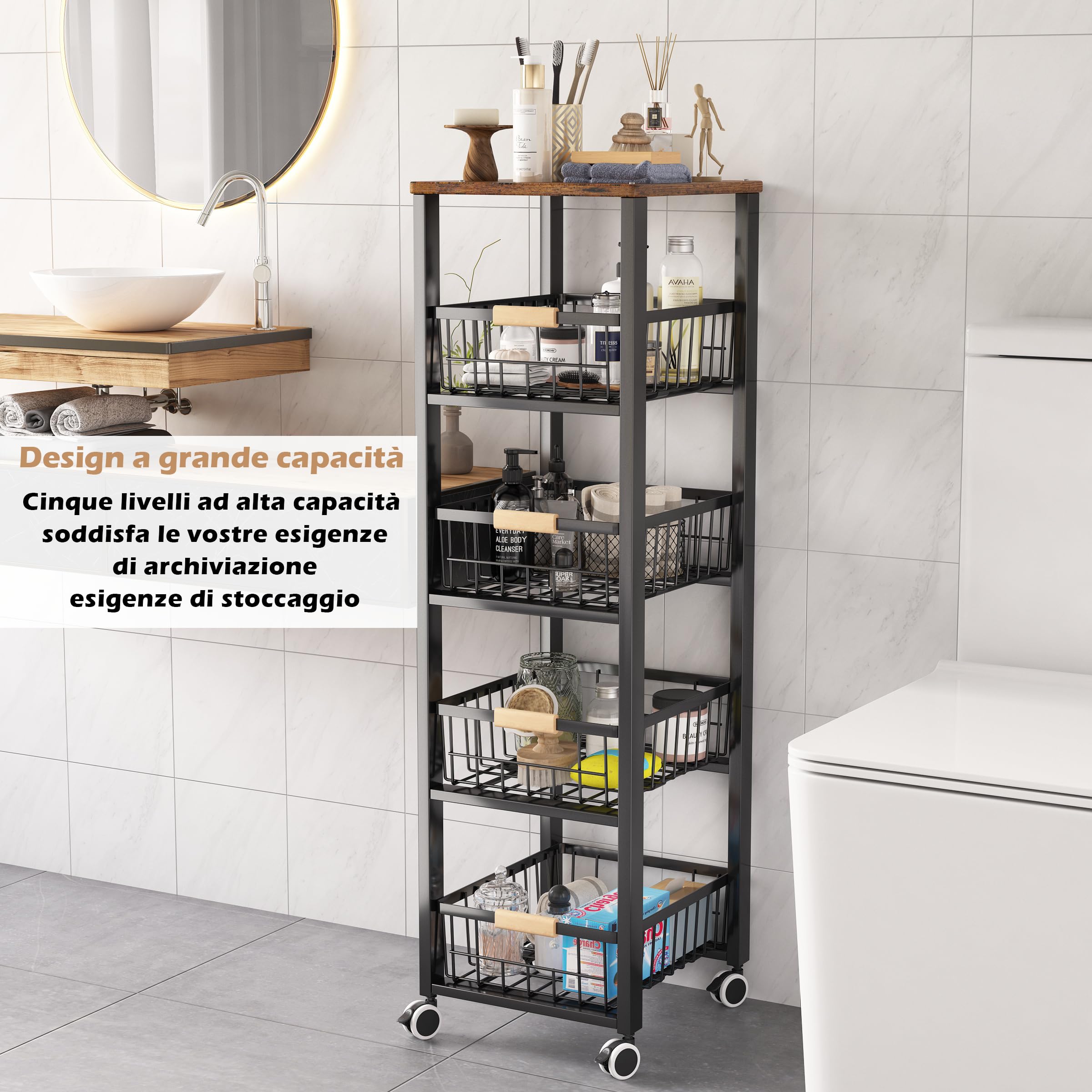 COVAODQ Carrello frutta da Cucina,Mensola per Verdure da Cucina, impilabile per Frutta Verdura 5 strati (nero)