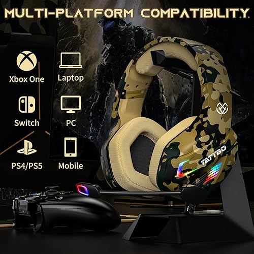 Miniatura 6 de Tatybo Gaming Headset for PS4 PS5 Xbox One Switch PC with Noise Cancelling Mic, Stereo Surround Sound PS4 Gaming Headphones - Camo