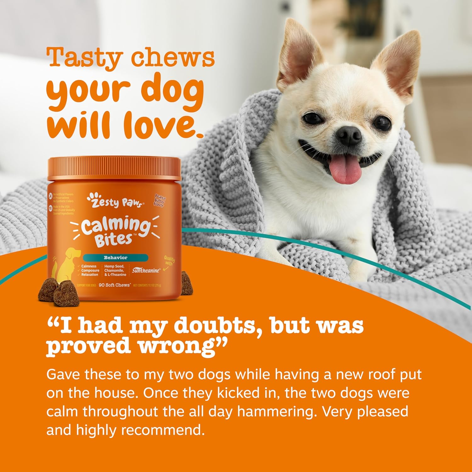 Zesty Paws Calming Chews for Dogs Composure & Relaxation for Everyday Stress & Separation Peanut Butter 90 Count