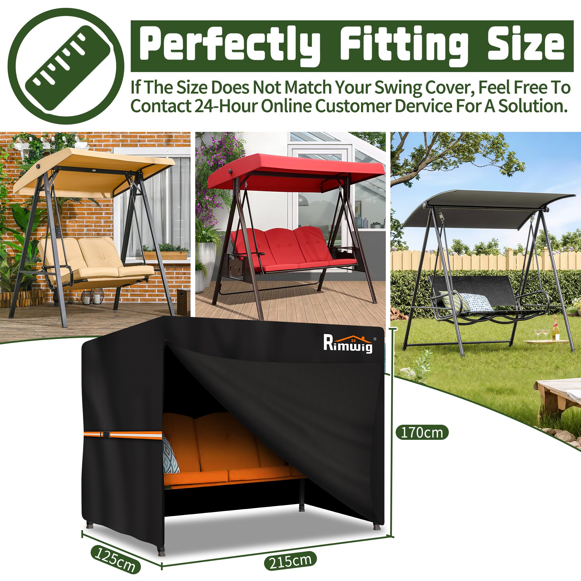 Fundas para columpio de jardín, impermeables, resistentes, de 3 plazas, para exteriores, resistentes al viento, anti-UV, para patio, jardín, hamaca (215 x 125 x 170 cm), color negro