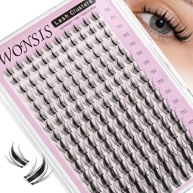 WONSIS Cílios Postiços em Tufos Individuais D Curl com Faixa Invisível, Fibras Sintéticas Macias, Pacote com 1
