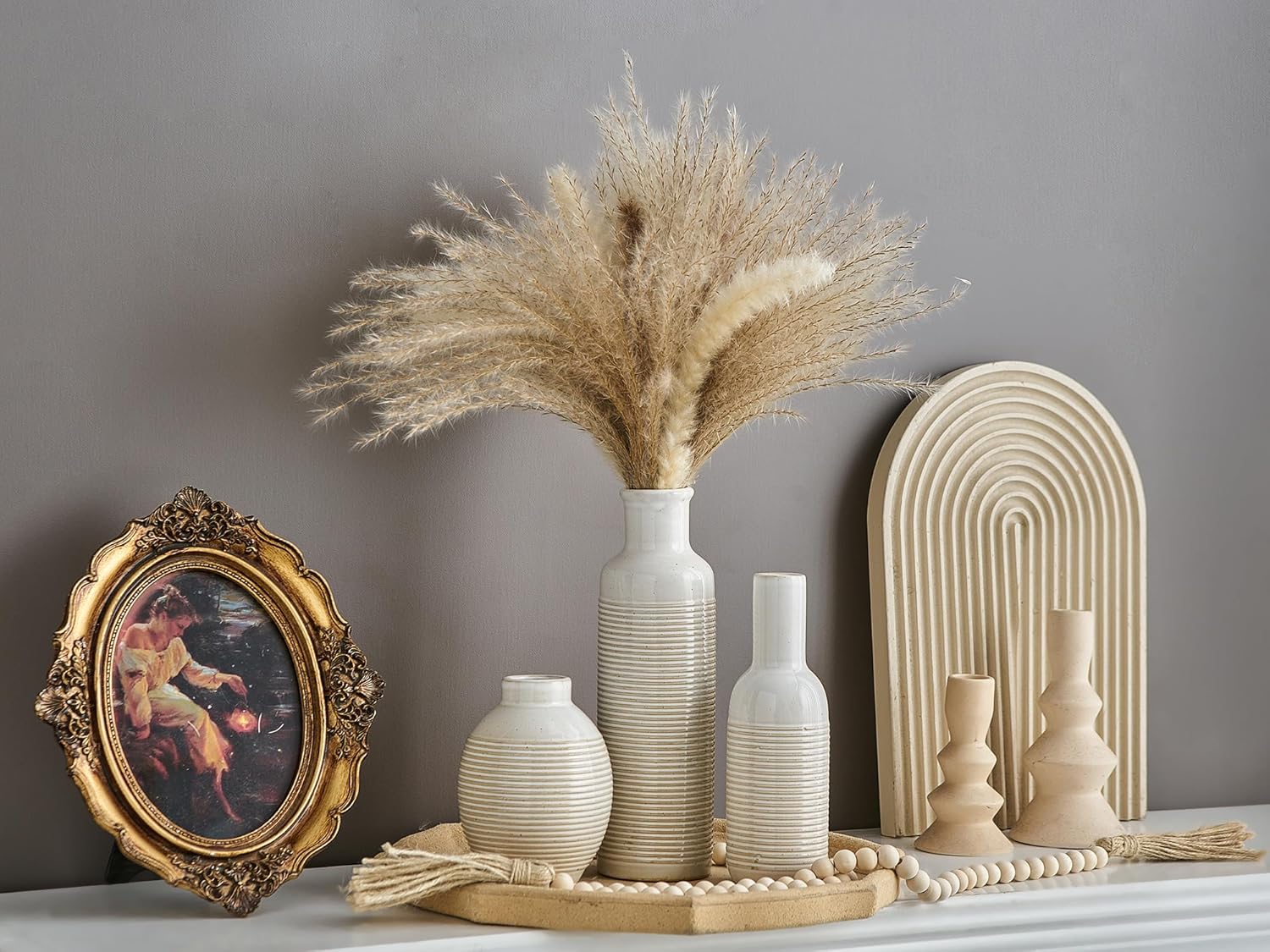 White Vases Home Decor, Set of 3 Boho Ceramic Vase for Coffee Tbale Decor Modern Decorative Vase Living Room Bedroom Office Bathroom Shelf and Table Centerpiece Decor
