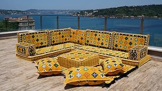 Yellow L Shaped Floor Couch, Sectional Sofa Set, Floor Pillow, Arabic Majlis, Moroccan Livingroom Cushion, 4" Thick Corner Floor Seating Set (L Sofa Full Set, 4'' Thickness (10 cm))