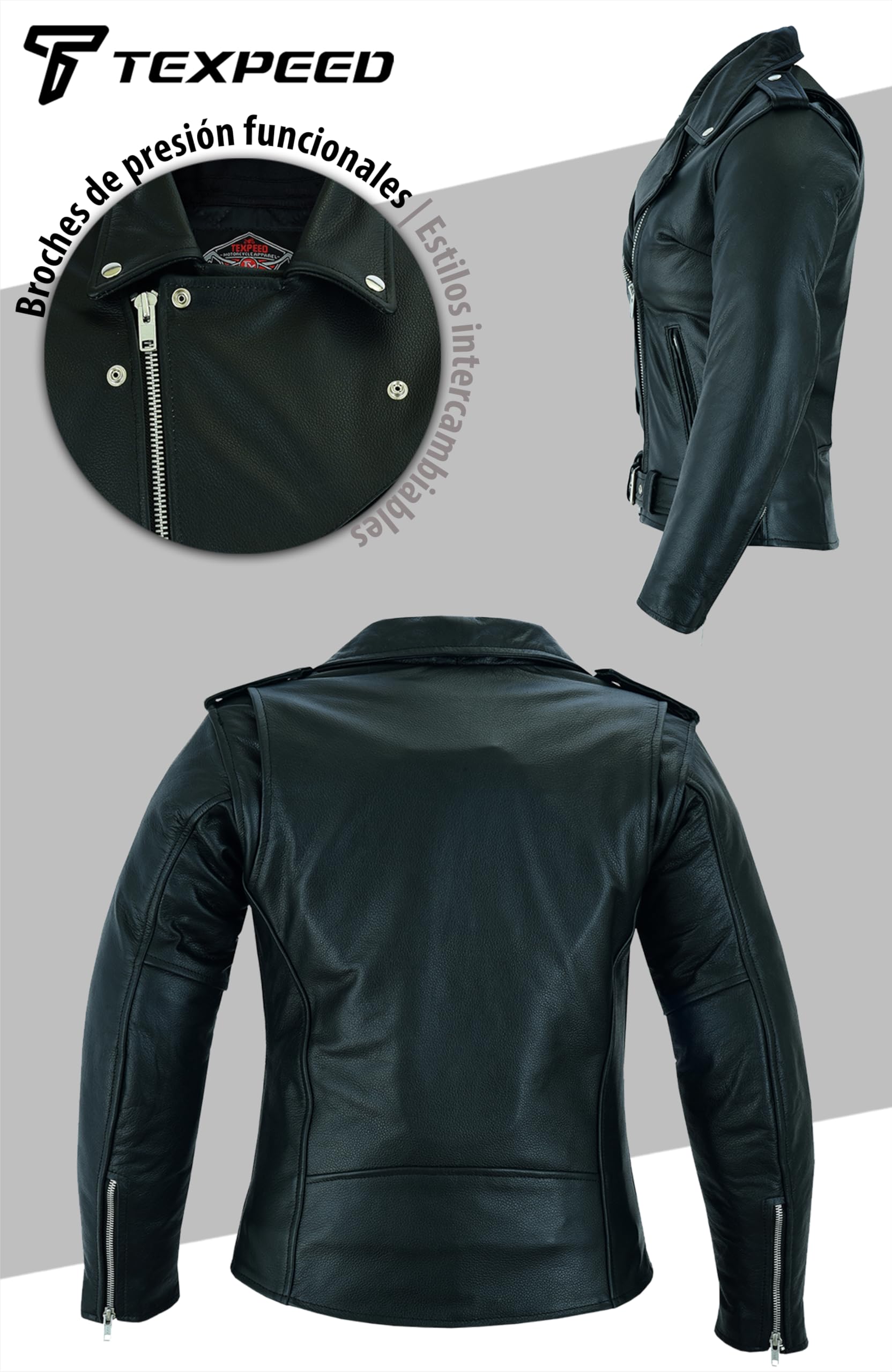 Texpeed perfect Marlon Brando Chaqueta de moto de cuero para mujer - Chaqueta de moto Touring de protección genuina CE Armor Biker (EN 1621-1) Negro - 5XL