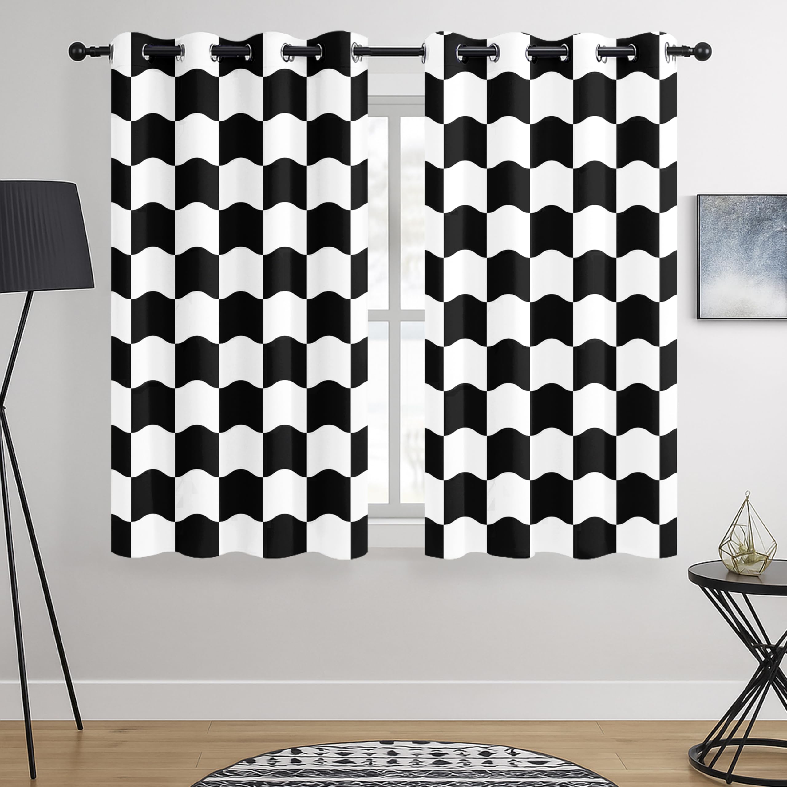 BOHOMOCASA Wavy Checkered Black and White 100% Blackout Curtains for Bedroom Living Room, Modern Pattern Window Drapes, Thermal Insulated, Noise Reducing, Grommet Top, Set of 2 Panels, Each W52xL63 — image 1