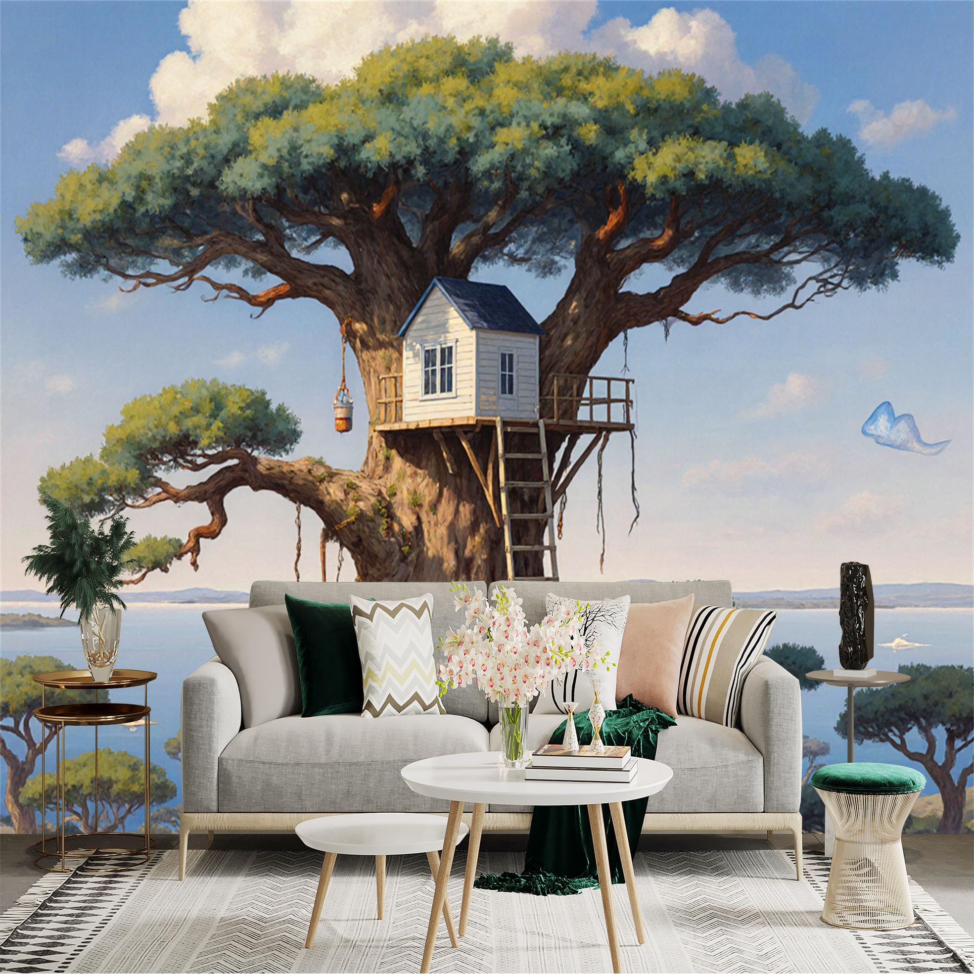 Lnzczhyre Xc260505347 Custom Size Wall Sticker Mural， Treehouse On Ancient Oak， Nature Landscape View， Peaceful Forest Scenery， For Wall Decoration， Peelandstick Wall Decals.