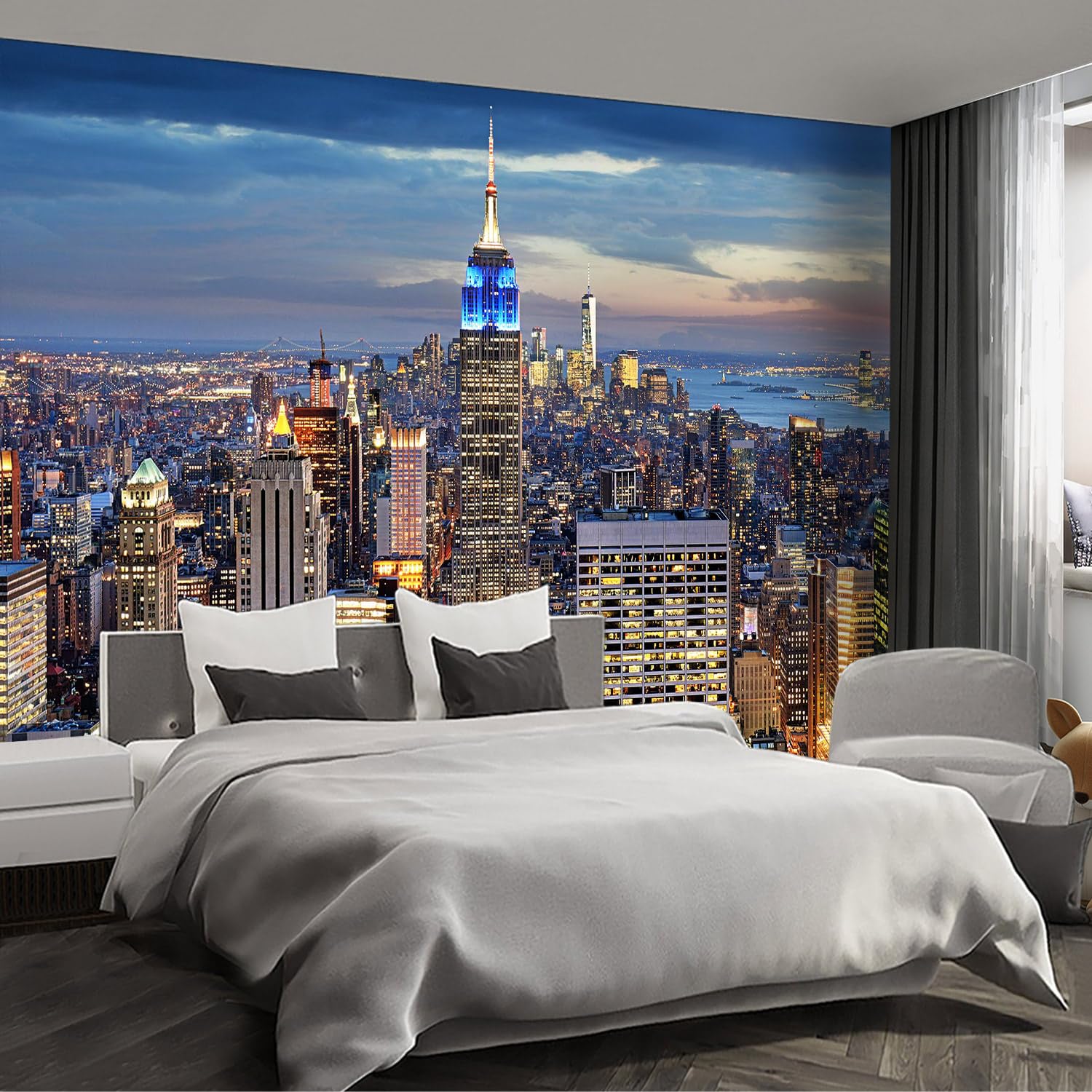Beautiful Manhattan City Night View Mural Living Room couches Extra Large Wall murals New York Cities Wallpaper Bedroom California Picture Landscape - 195"x120"(It's not Peel and Stick.)