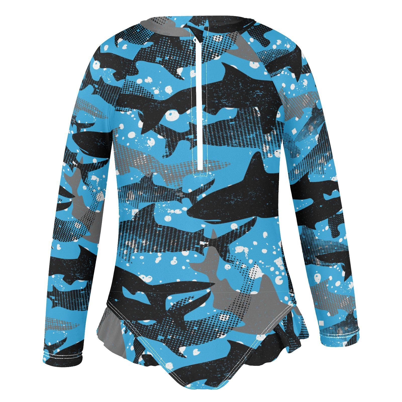 Ollabaky Baby Girls Long Sleeve Swimsuit Abstract Sharks Sea Animals One Piece Bathing Suit Rash Guard UPF50+ Toddler Girl Swimwear, 9-10T