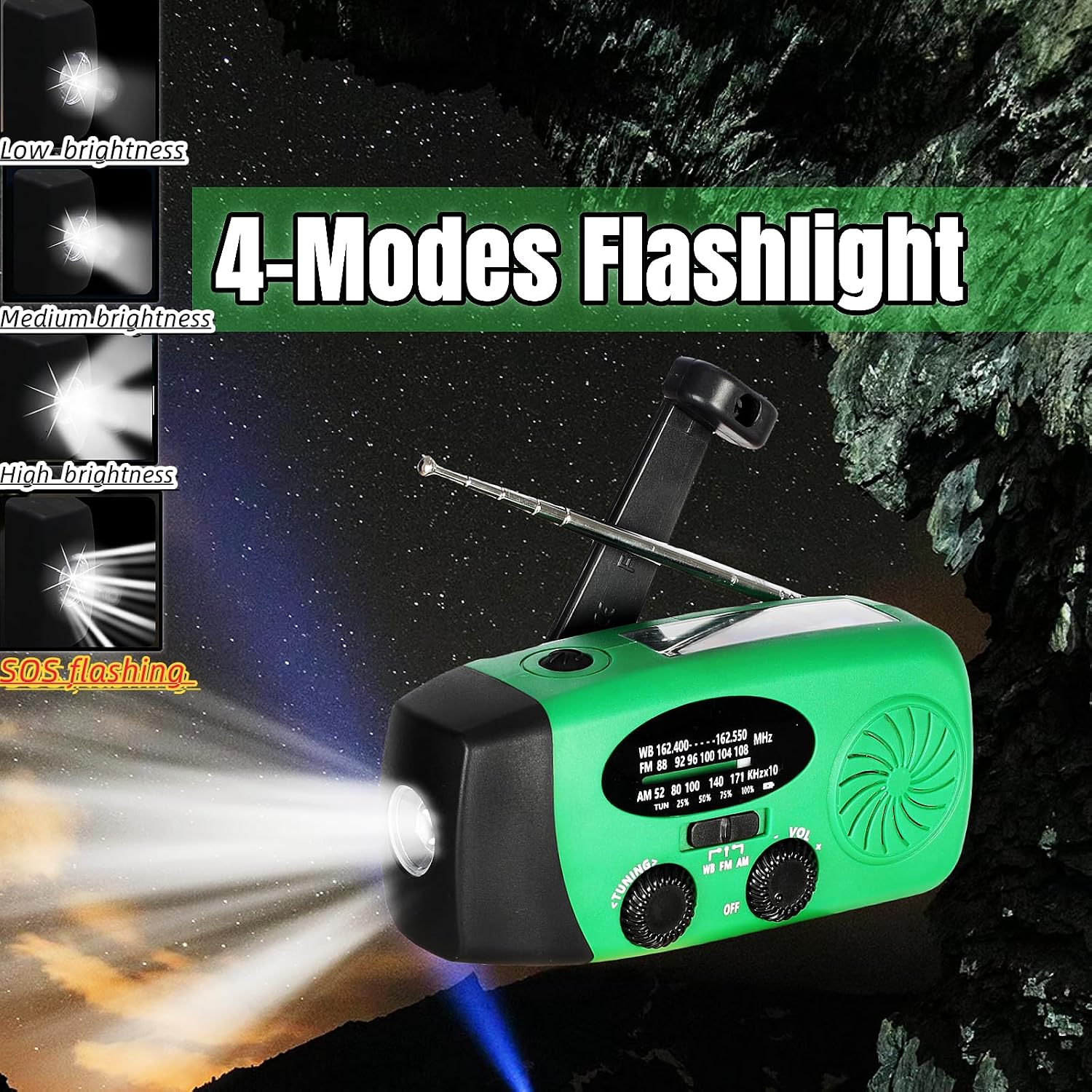 5000mAh Hand Crank Emergency Weather Radio, AM FM NOAA Solar Radio with Led Flashlight and Earphone Jack, Charger for Smartphone, USB-C Cable/Self Powered with SOS Alarm (Green)