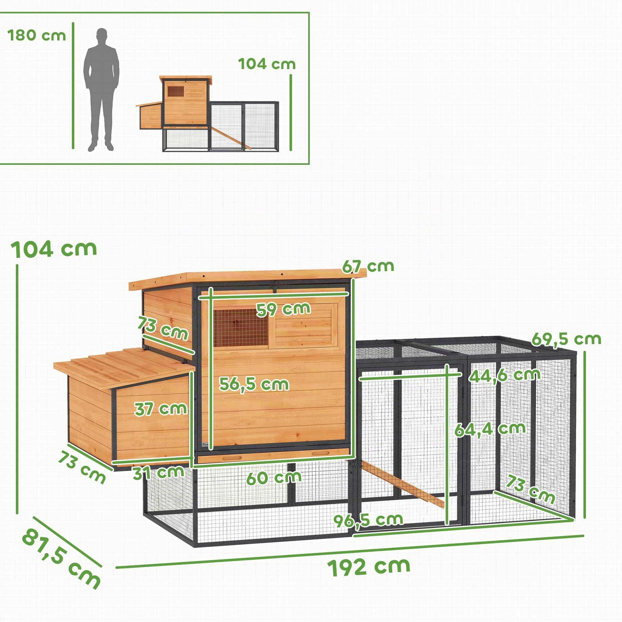PawHut Poulailler XXL Bois 3-5 Poules Grand Enclos 192x81,5x104cm Orange