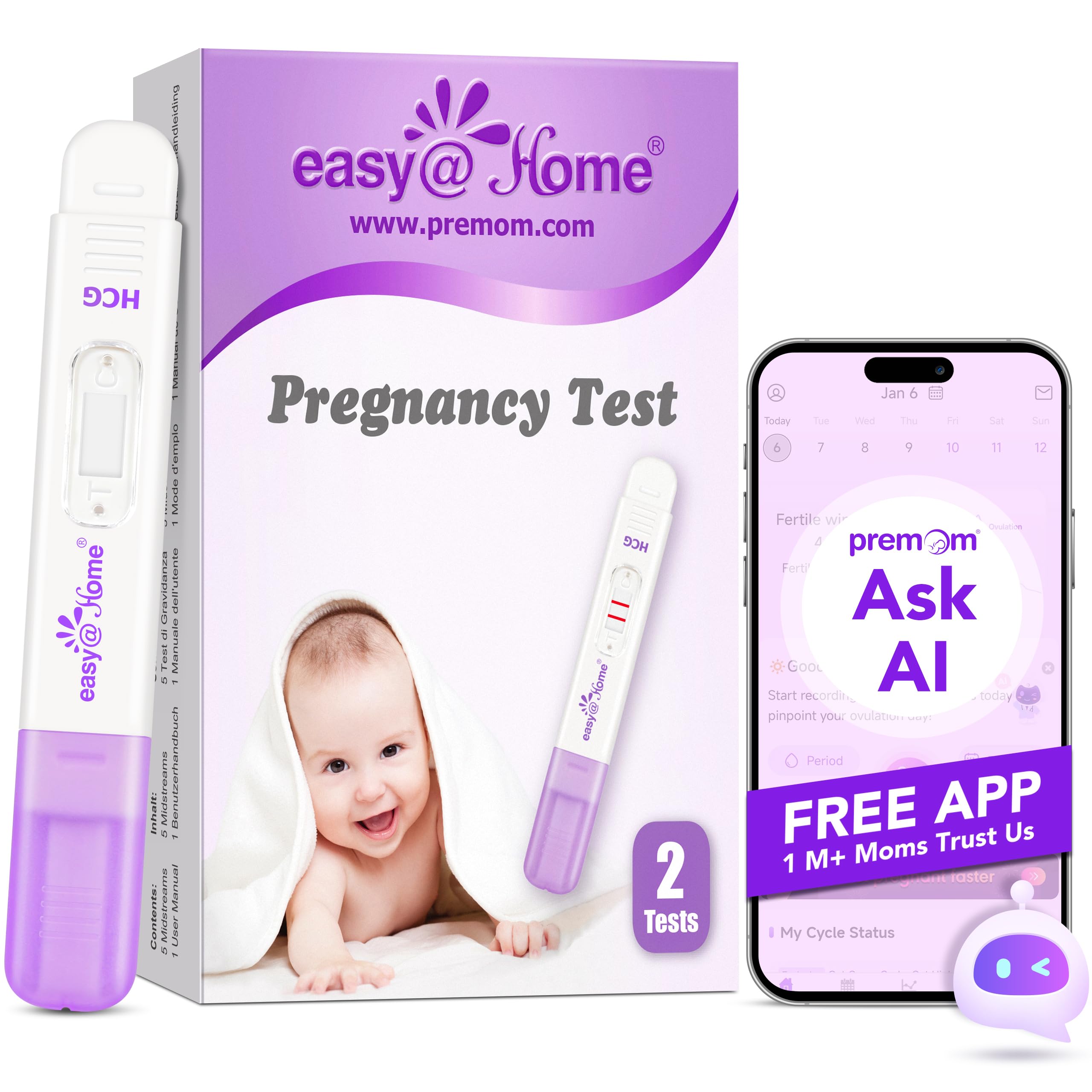 Early Detection Pregnancy Test kit - 2 x Easy@Home 10mIU/mL Highly Sensitive HCG Pregnancy Tests - Accurate Home Fertility Testing Kit - Early Result Test Midstream