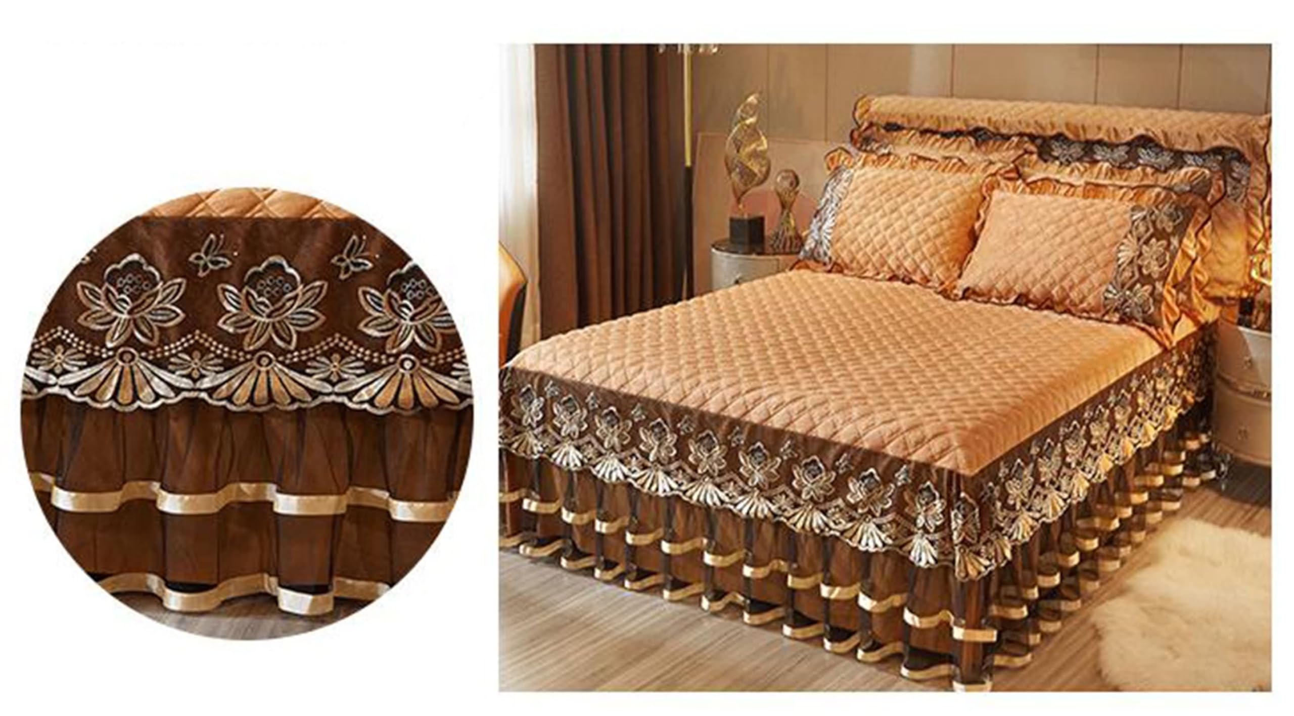 Bajera Ajustable 150x200cm,Bajera Cama Matrimonio Patrón de Encaje Bordado con Color Sólido Ajuste Sabanas Bajeras Caqui