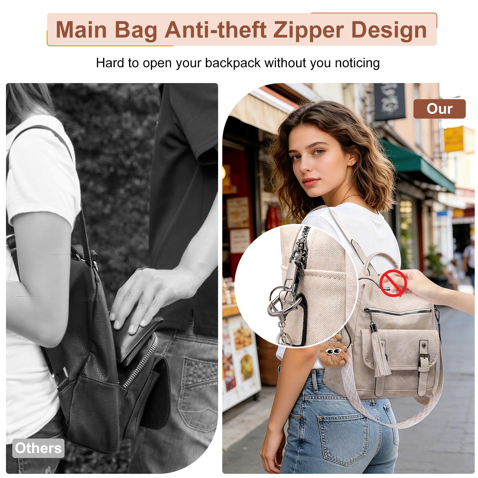 Sac à Dos Femme Antivol en Cuir Vegan, Multifonctionnel Sac Bandoulière Sacs à Main Femme Convertible avec Pendentif Amovible, Backpack pour Travail Voyage L'École Université Collège Shopping