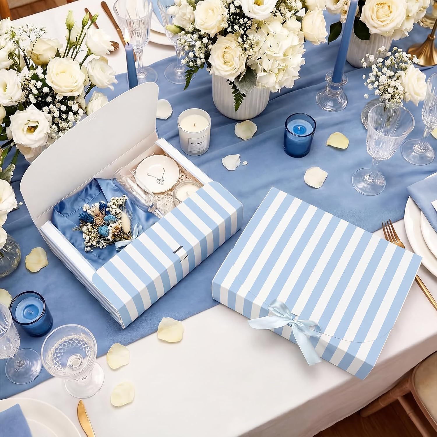 Kolldenn 12 Pcs Blue White Striped Bridesmaid Boxes Bridesmaid Proposal Gift Boxes with Satin Ribbon Blue Coastal Beach Last Toast on The Coast Party Bridal Supplies, 7.87 x 10.6 Inch