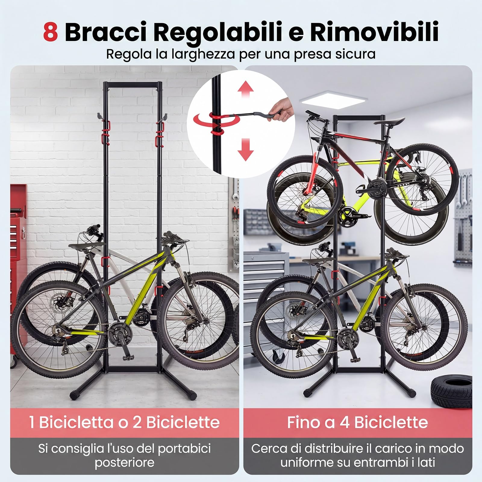 COSTWAY Portabici Verticale a 4 Posti, con 8 Ganci Regolabili e Rimovibili