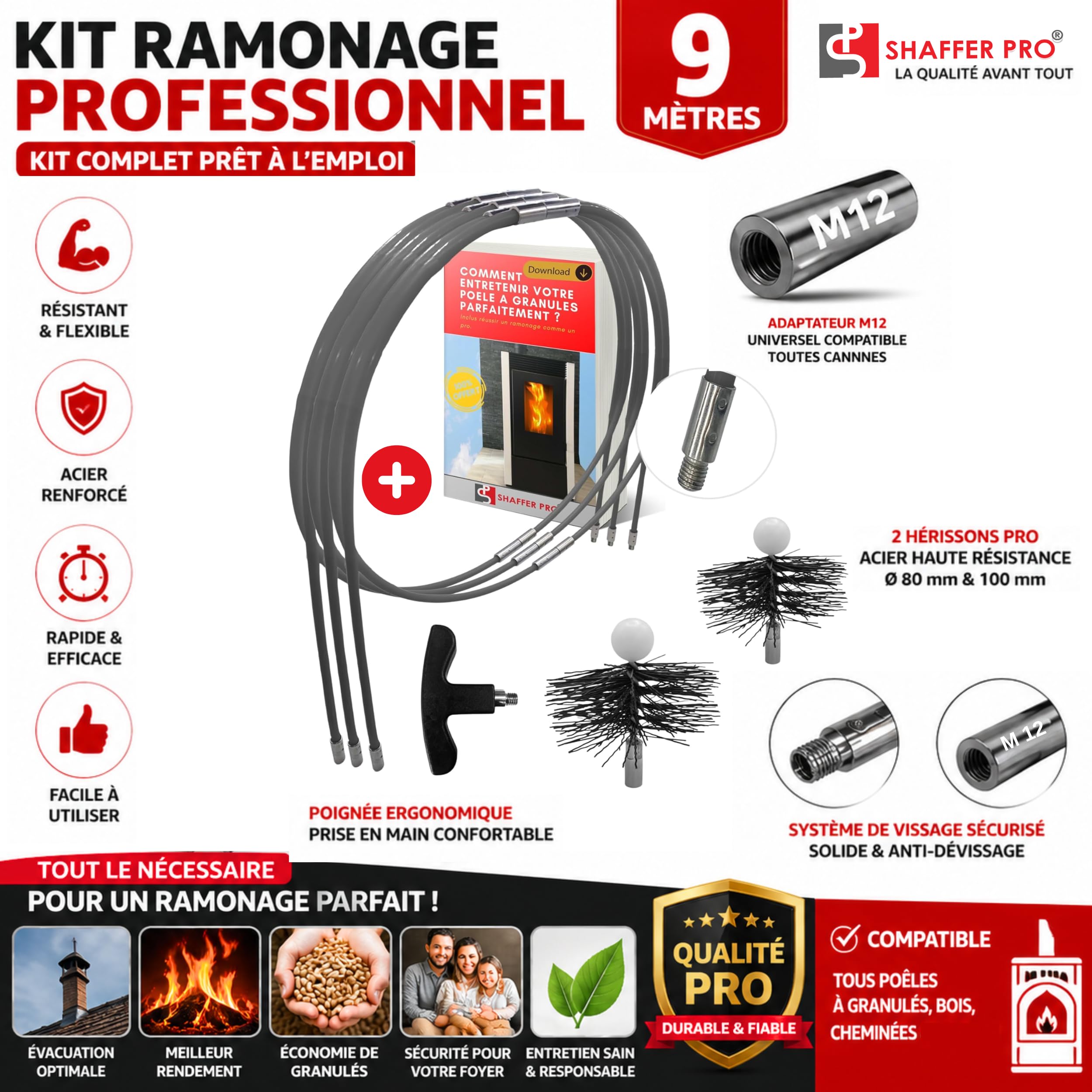 kit pulizia canna fumaria stufa a pellet 9 Metri - spazzole 80 mm e 100 mm EASYFLEX [ Ebook da scaricare stufa a pellet] 15 canne spazzacamino flessibile kit pulizia tubi canalizata