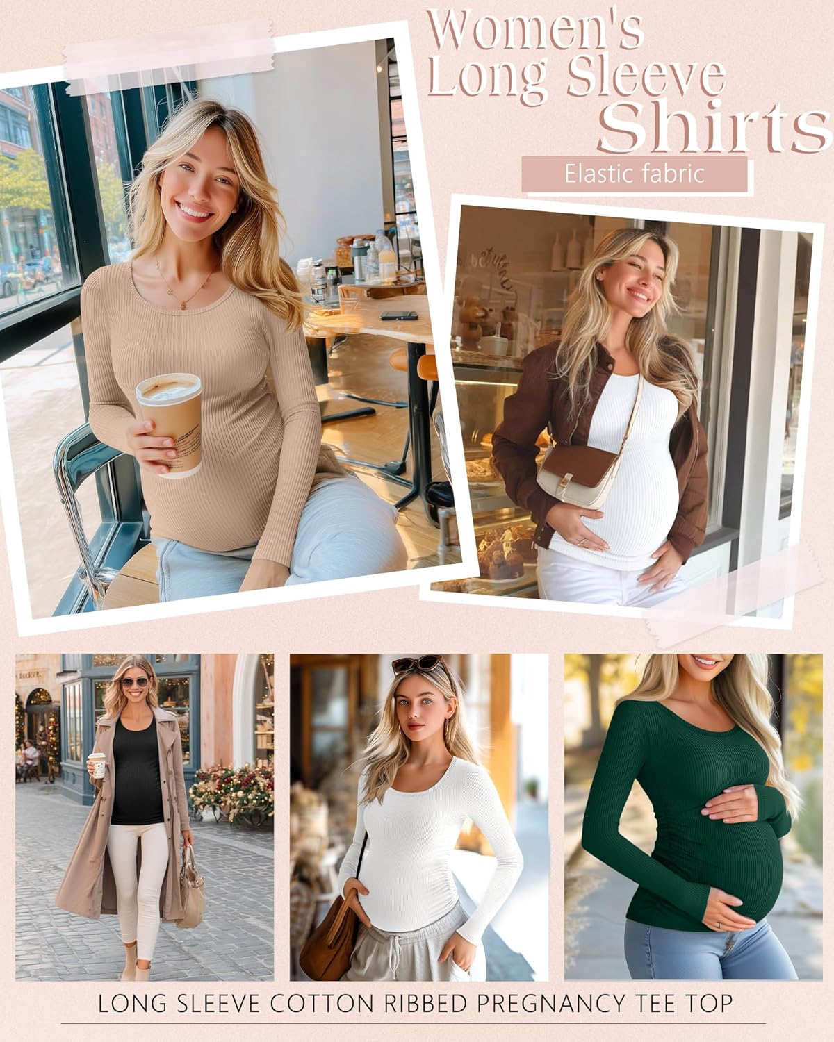 Riyiper 4 Pack Women's Maternity Shirts, Long Sleeve Cotton Ribbed Pregnancy Tee Top Crewneck Side Ruched Casual Mama Clothes - Image 2