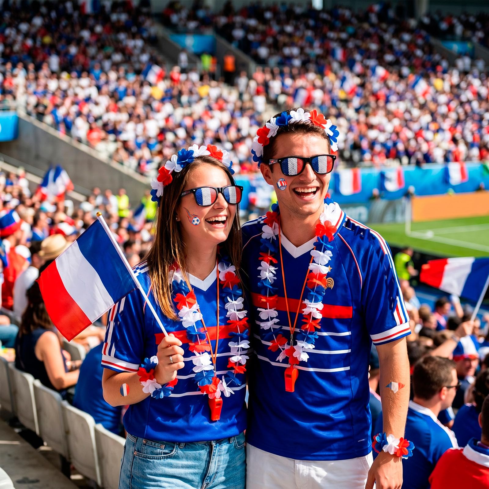 Kit Supporter France pour ﻿Grand Événement Football 2026 - Accessoires Bleu Blanc Rouge avec Lunettes Drapeau, Sifflet, 2 Drapeaux, 4 Stickers et Lei Set - Pack Supporter Equipe de France