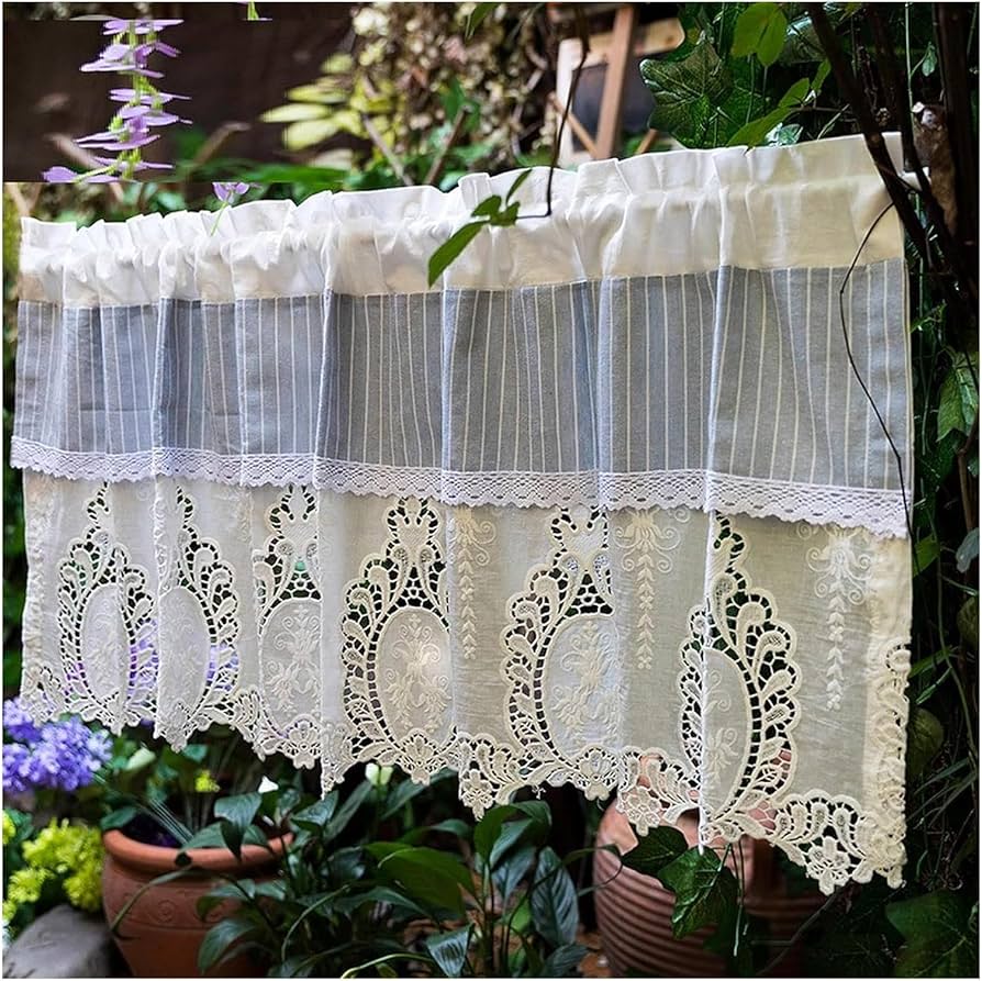 花柄クリーム色カフェカーテン Amazon｜刺繍 花柄 カフェカーテン 小窓用 おしゃれ 田園風 uvカット