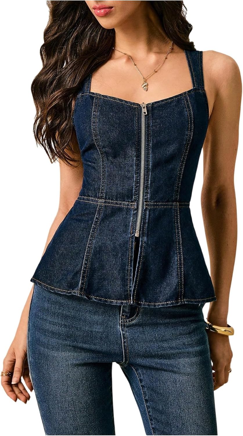 Floerns Women's Y2k Denim Tops Sleeveless Zipper Up Sleeveless Flared Peplum Denim Tank Top