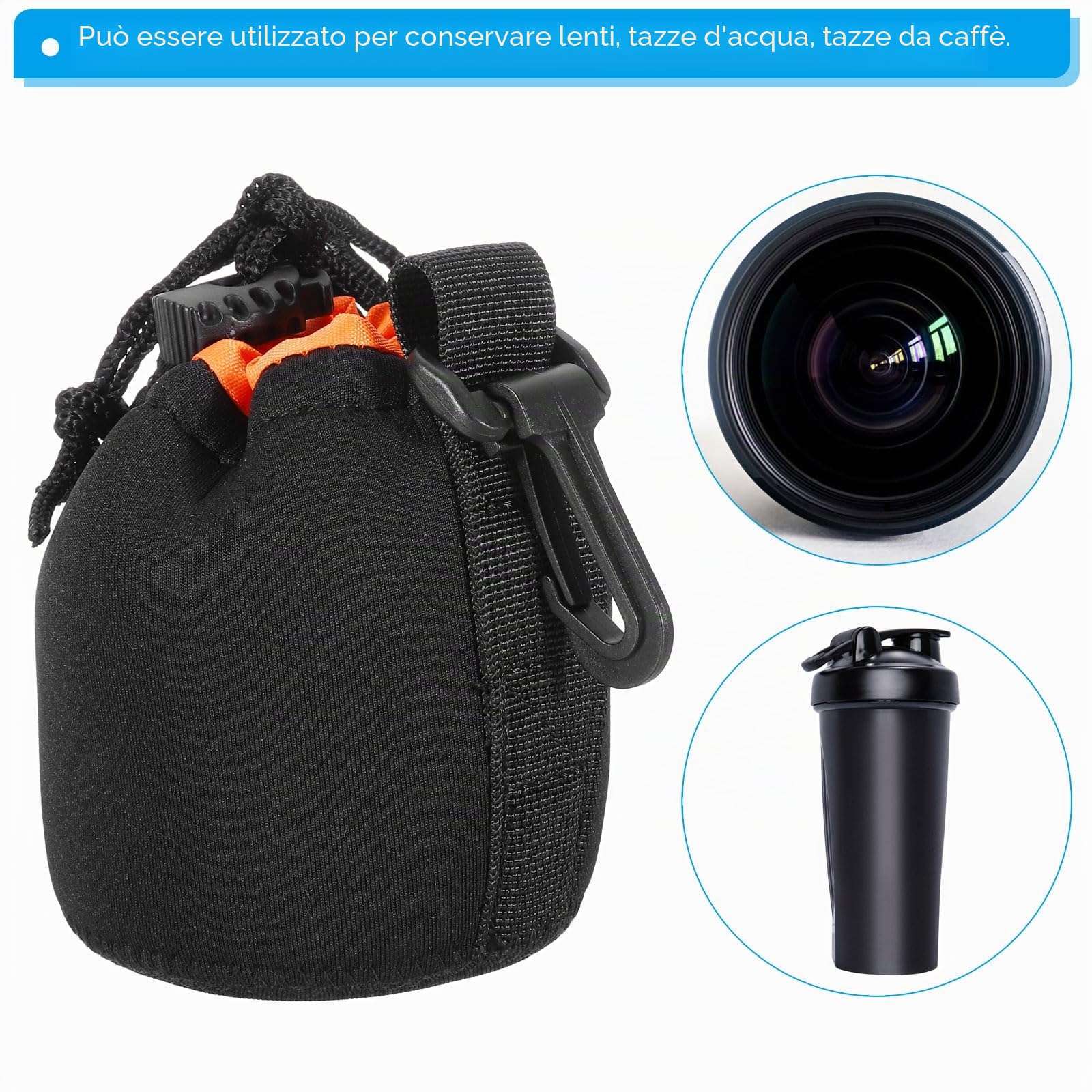PATIKIL Borsa per Obiettivo Fotografico, 2 Pz,3.1" Idx3.9 H Sacchetto Coulisse Neoprene Spesso Protettivo Custodia Obiettivo Fotocamera Dslr, Tazze d'Acqua e Caffè, Nero, Arancione