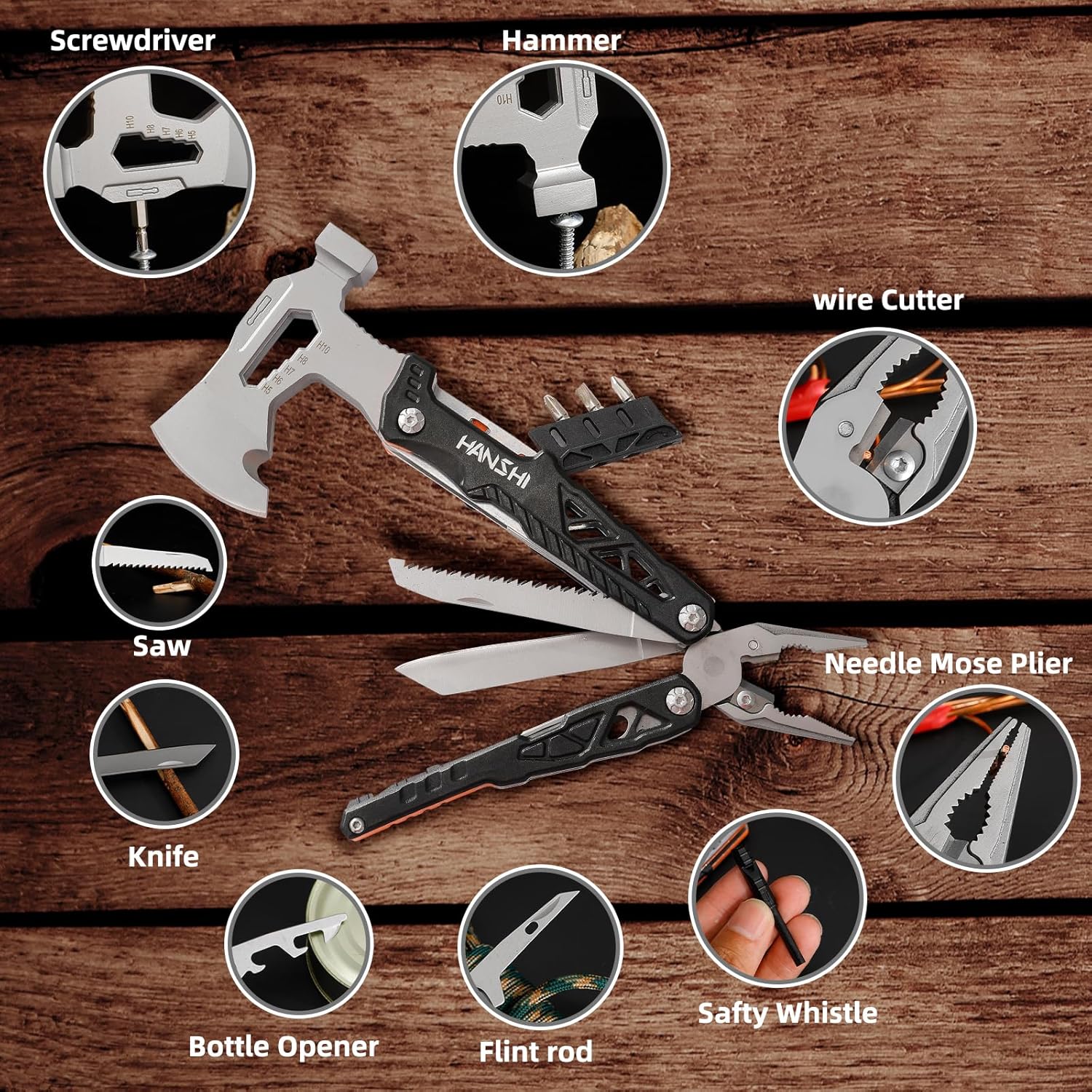 HANSHI Camping Axe Multitool with YG10 Tungsten Steel Replaceable Wire Cutters for Gift,17 in 1 Multi Tool with Spring-Action Pliers,Knife,Screwdriver,Flint Rob,Safty Whistle with Nylon Sheath (Black)