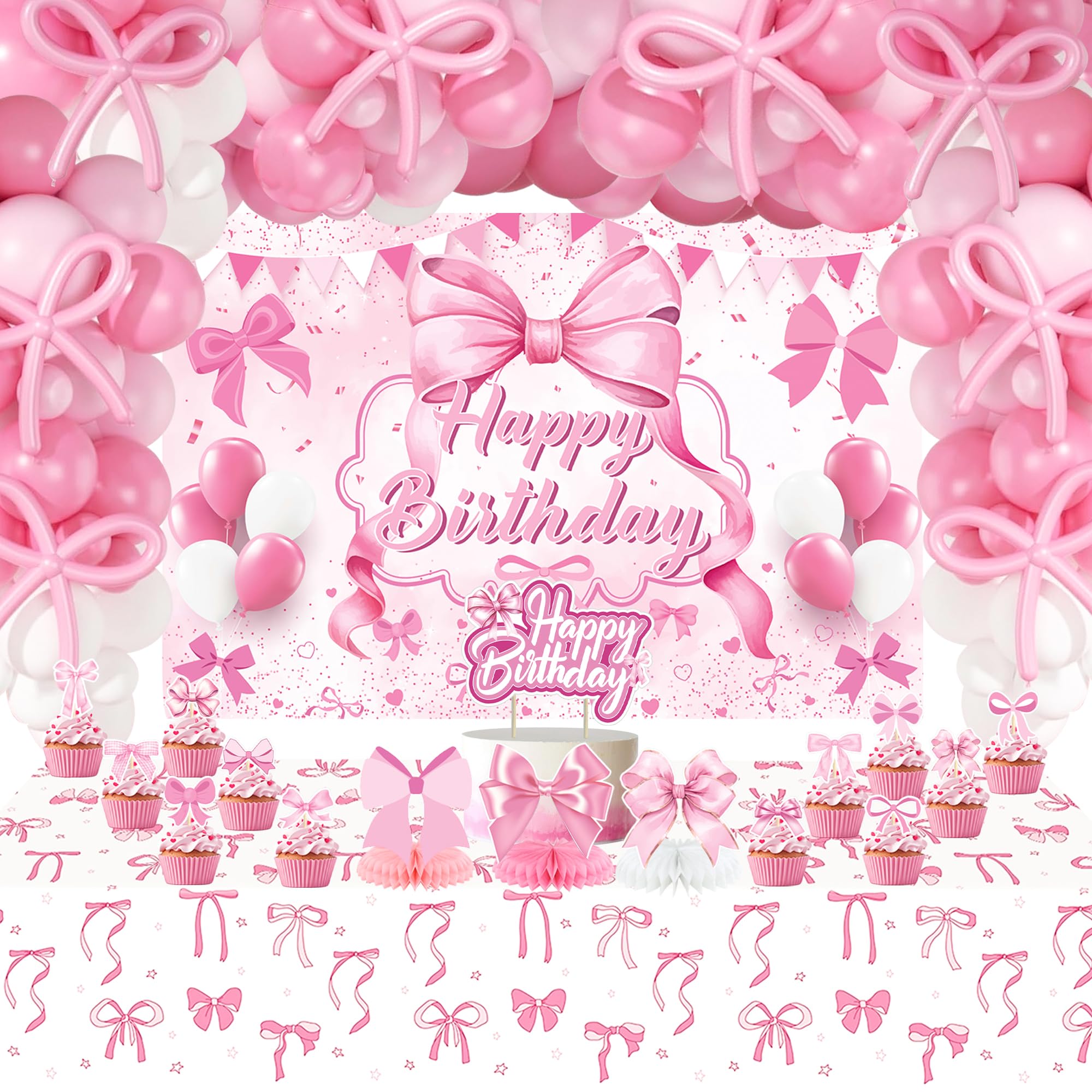 ピンクのリボンの誕生日デコレーション、コケットリボンパーティーデコレーション、HAPPY BIRTHDAYの背景幕ケーキトッパーセンターピーステーブルカバーバルーンアーチ、ピンクのリボンの誕生日パーティー用品に。